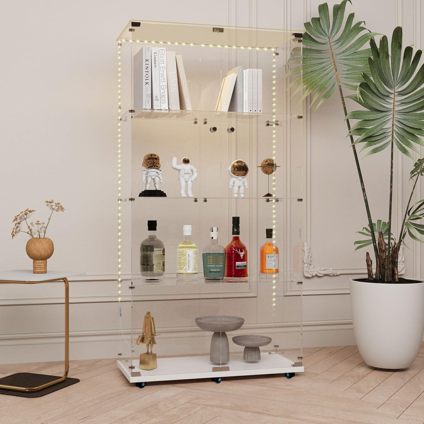 YECHEN 65" Smart Glass Display Cabinet | Bluetooth LED Lights, Music Sync & Swivel Casters – 4-Tier Curio Cabinet