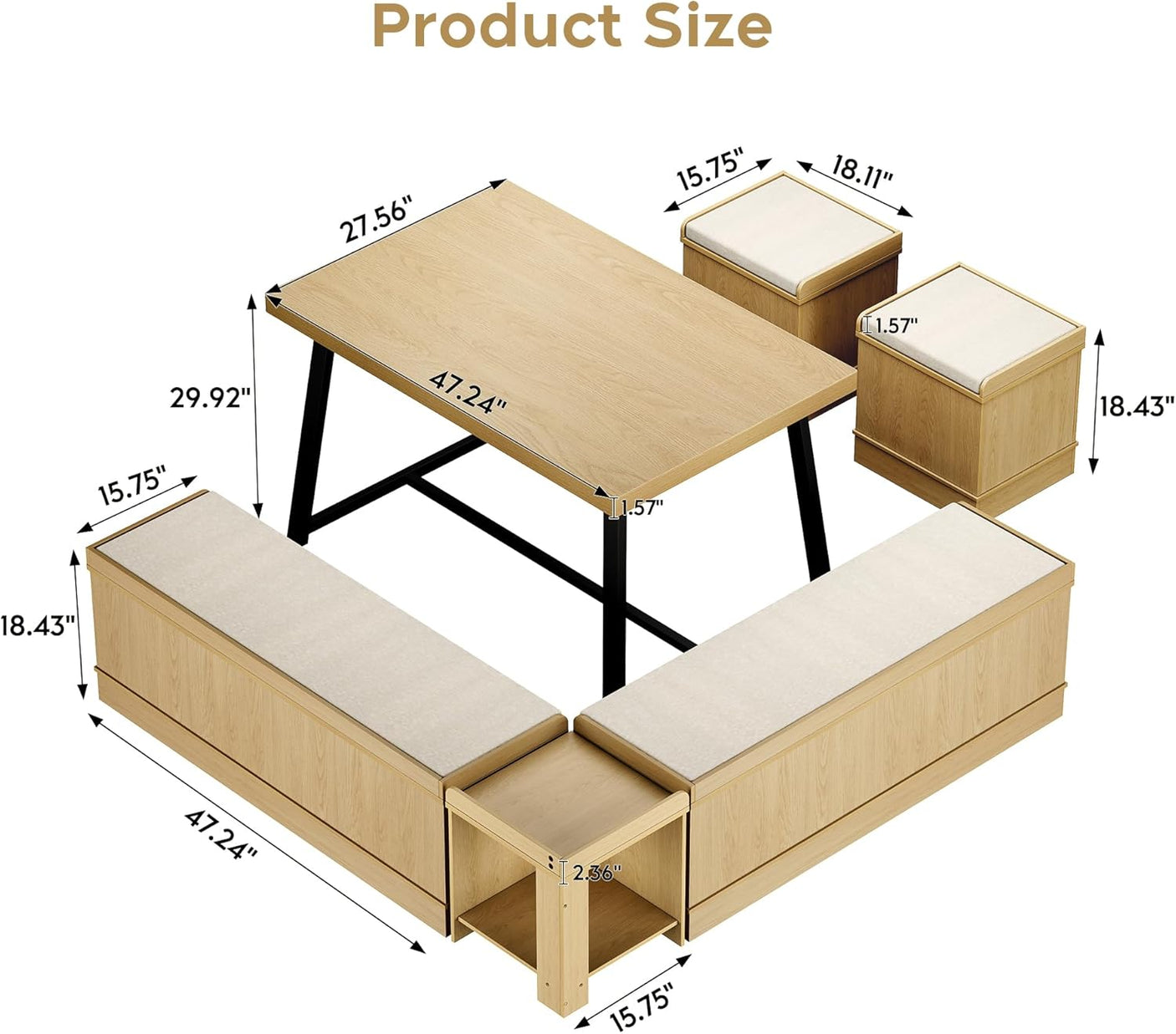 47 Inch Corner Dining Table Set with Storage Stool and Storage Bench