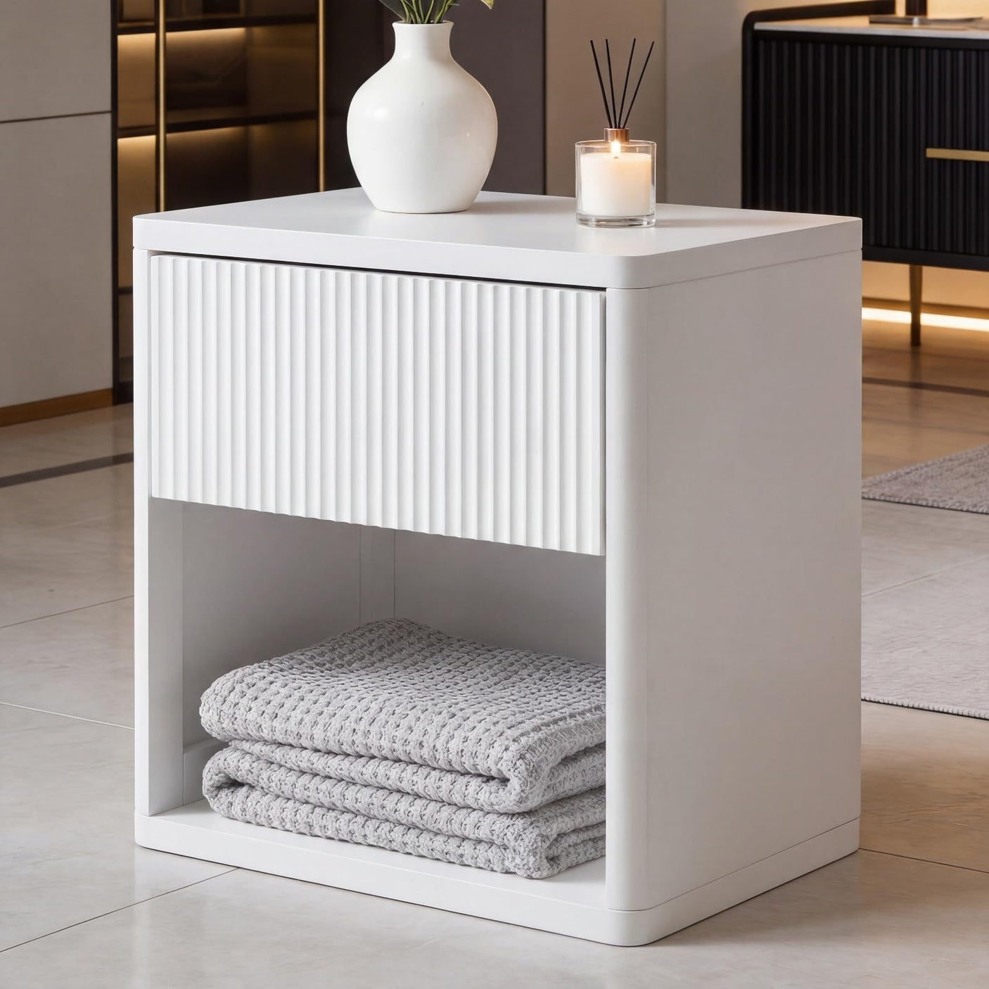 Yechen Fluted Nightstand | 22.8" Wide Mid-Century Bedside Table with Hidden Drawer & Open Shelf
