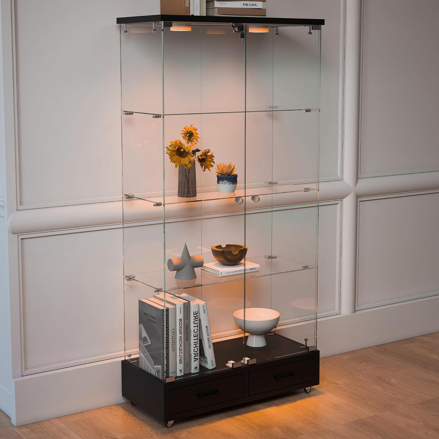 YECHEN Glass Display Cabinet with LED Lights | Double-Door Curio Cabinet with 2 Drawers
