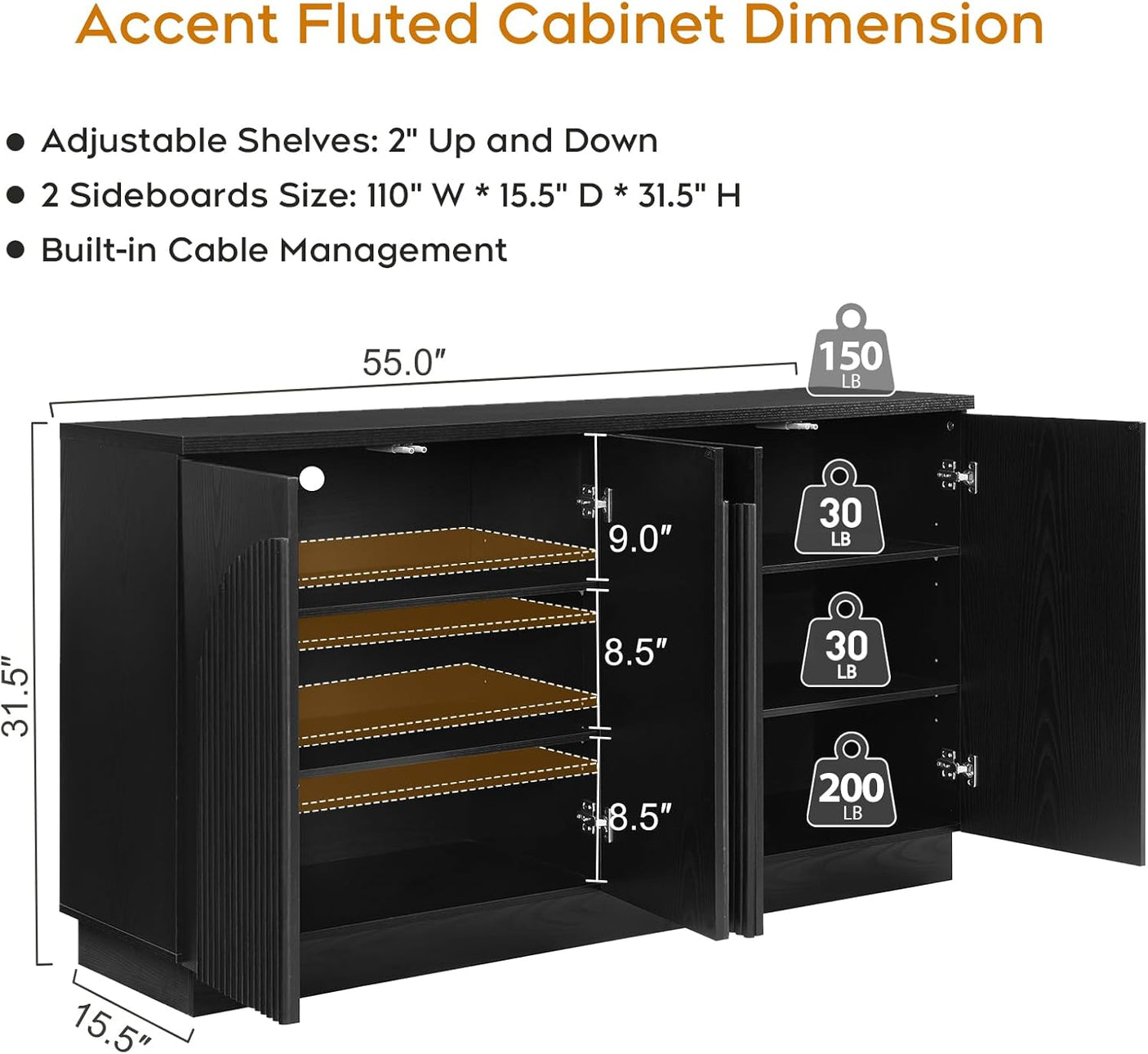 Arched Reeded Sideboard Buffet Cabinet | Black