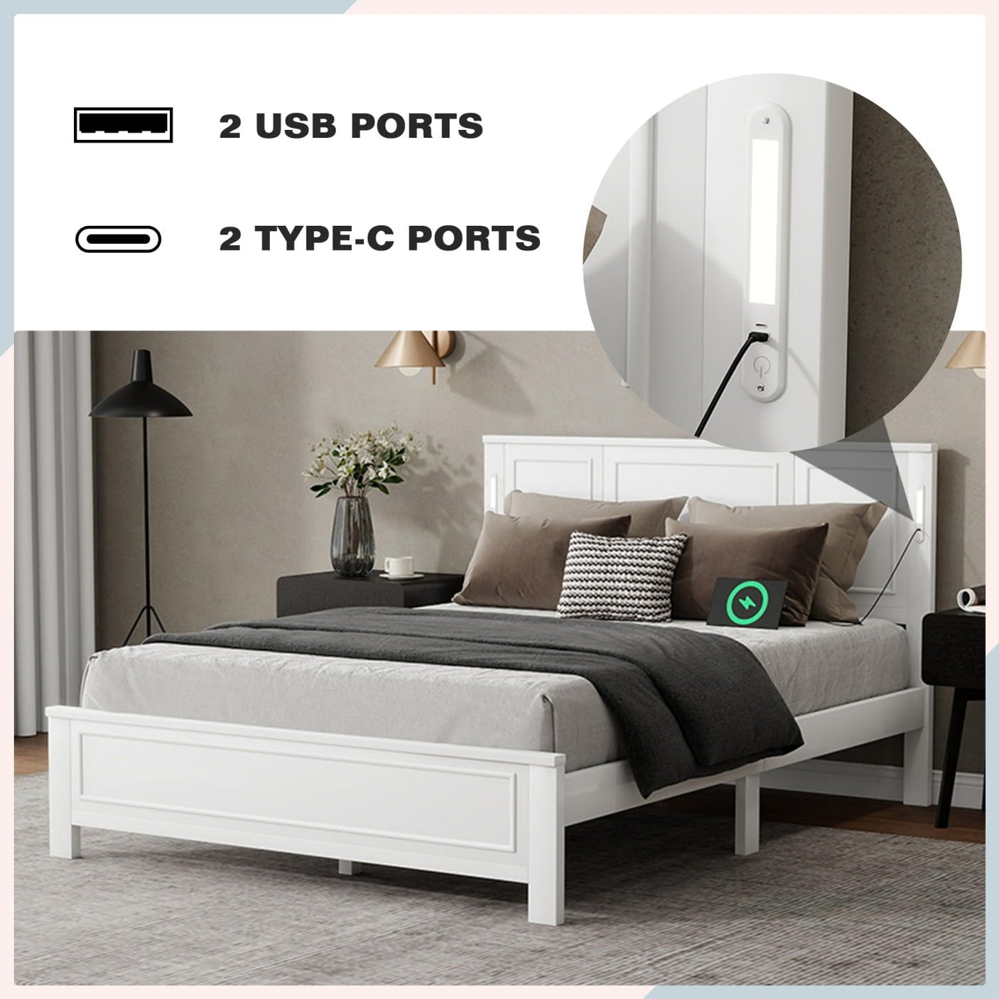 Farmhouse Bed Frame with LED Lights & Charging Station | Solid Pine Wood | Queen & King
