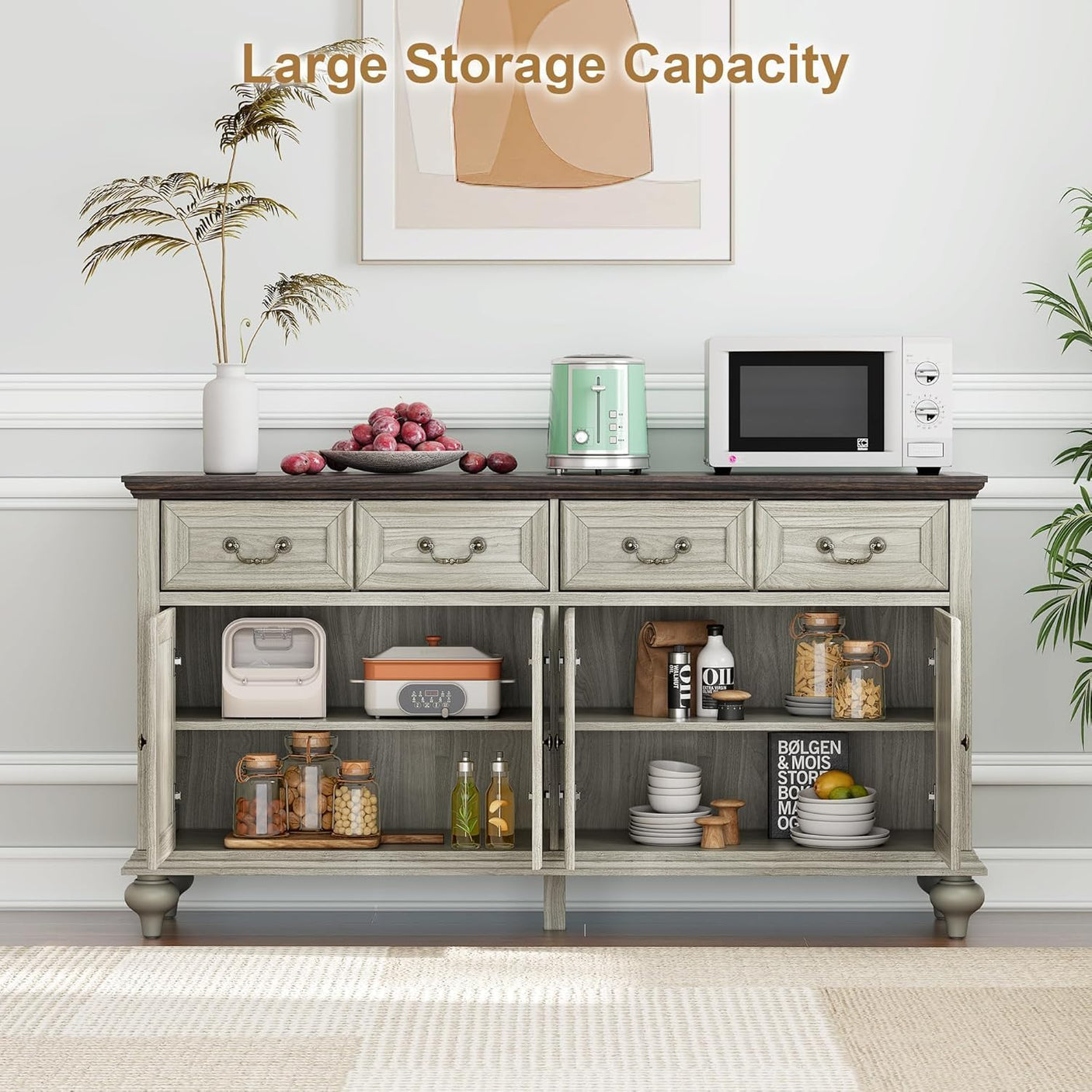 62" Large Farmhouse Buffet Cabinet with 4 Drawers & 4 Doors