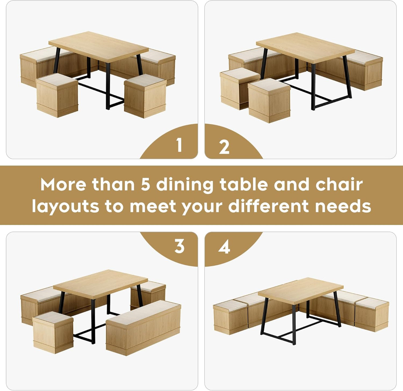 47 Inch Corner Dining Table Set with Storage Stool and Storage Bench