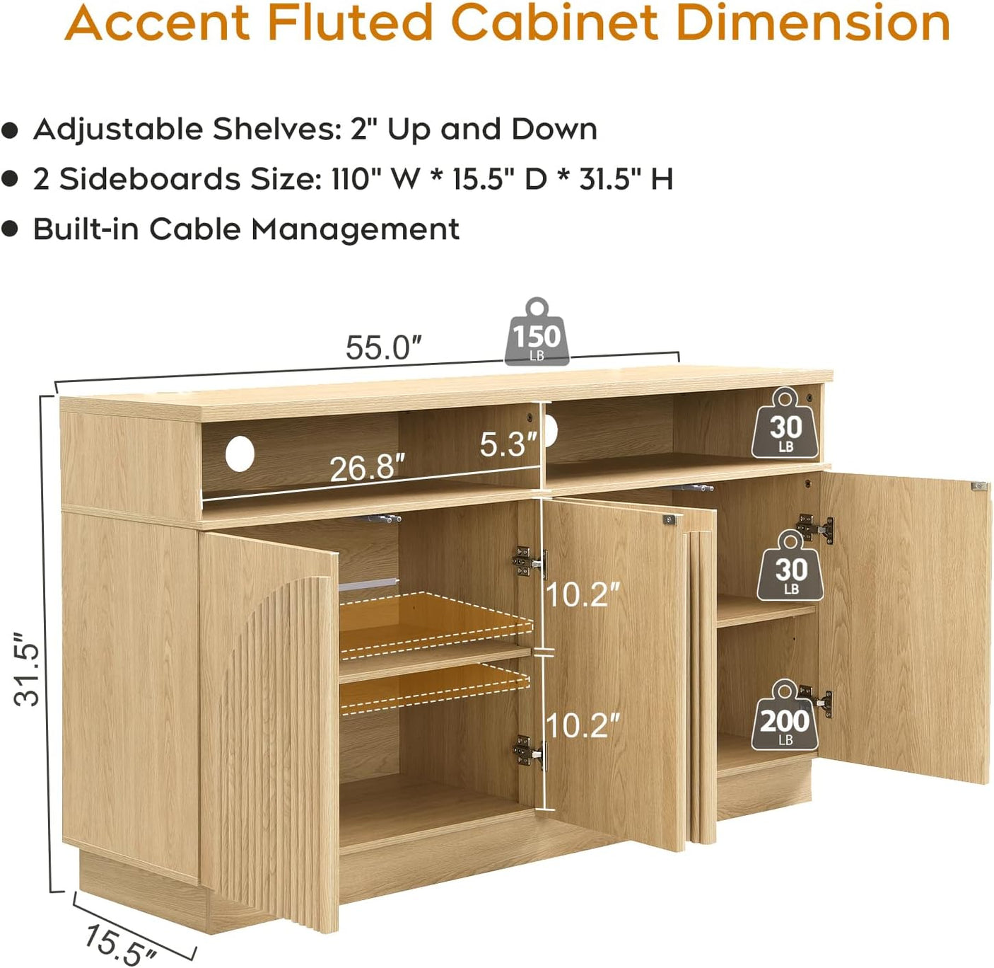 Fluted Sideboard Buffet Cabinet with Arched Reeded Doors - Mid Century Modern Storage