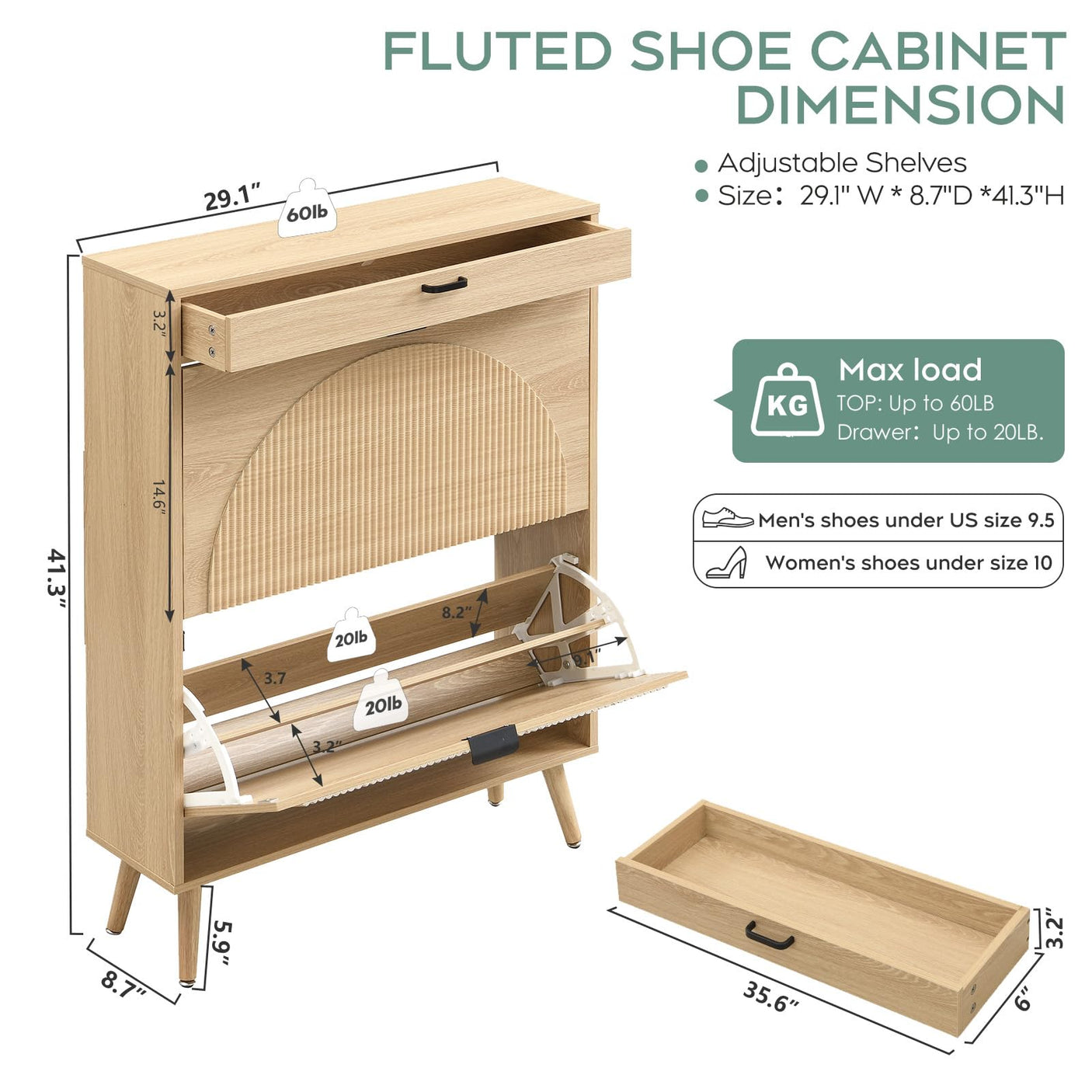 Slim Fluted Shoe Cabinet with Flip Drawers | Entryway Shoe Organizer | Walnut & Natural Oak