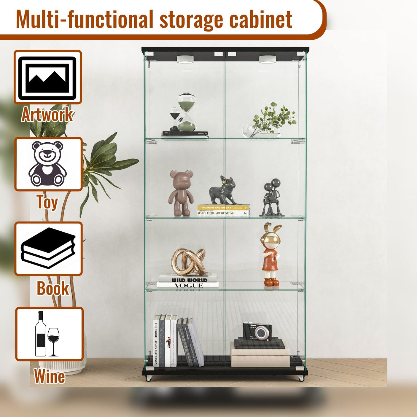 YECHEN Glass Display Cabinet with LED Lights | Tempered Glass Curio Cabinet
