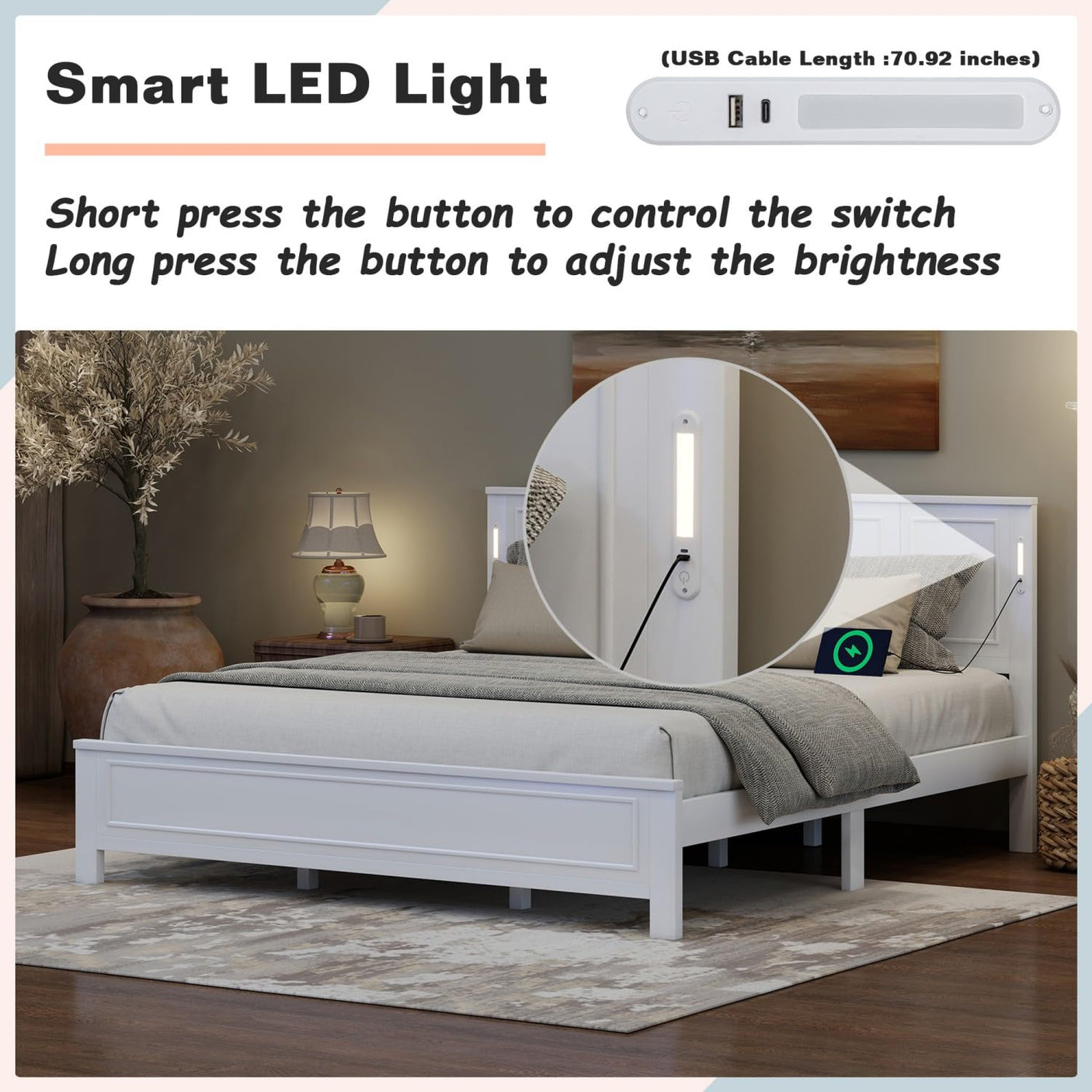 Farmhouse Bed Frame with LED Lights & Charging Station | Solid Pine Wood | Queen & King