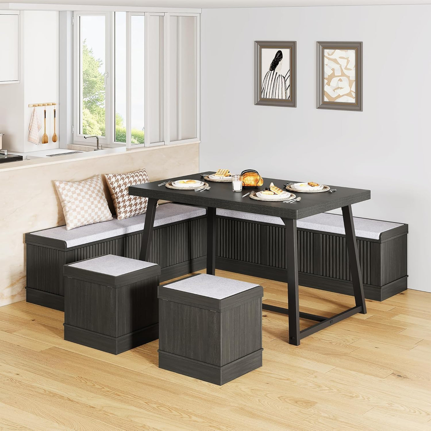 47 Inch Corner Dining Table Set with Storage Stool and Storage Bench