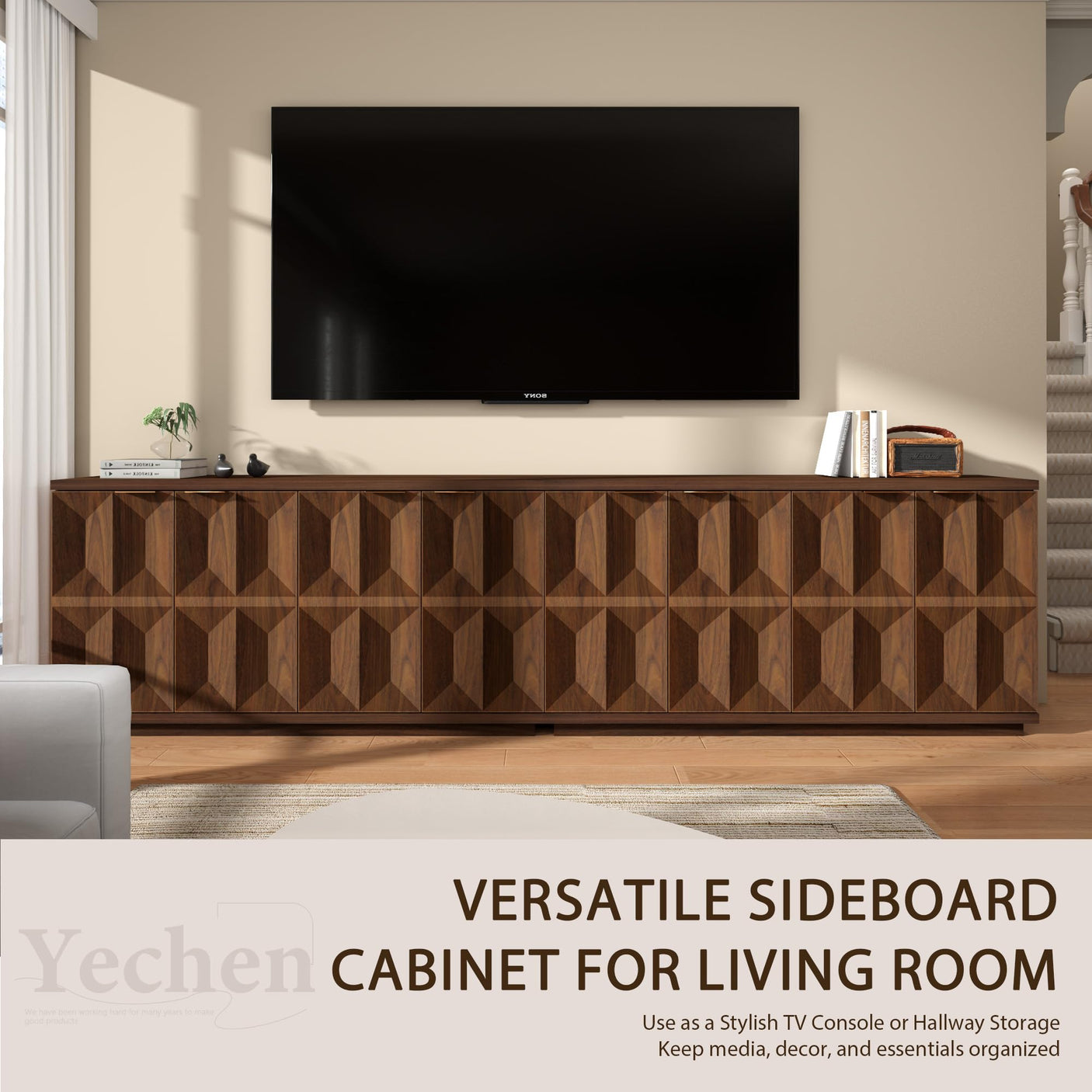 Yechen 59" Walnut Sideboard – Modern 3D Geometric Buffet Cabinet
