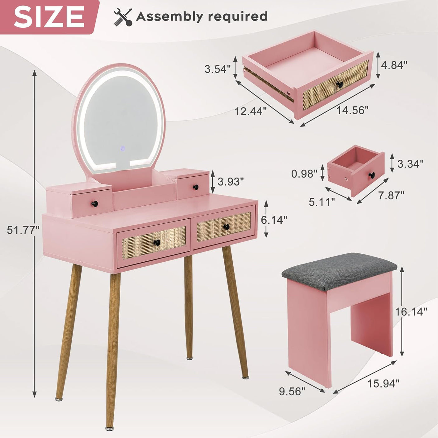 30" Vintage Makeup Vanity Table Set with Flip-Top Mirror & Rattan Drawers, Compact Dressing Table with Padded Stool