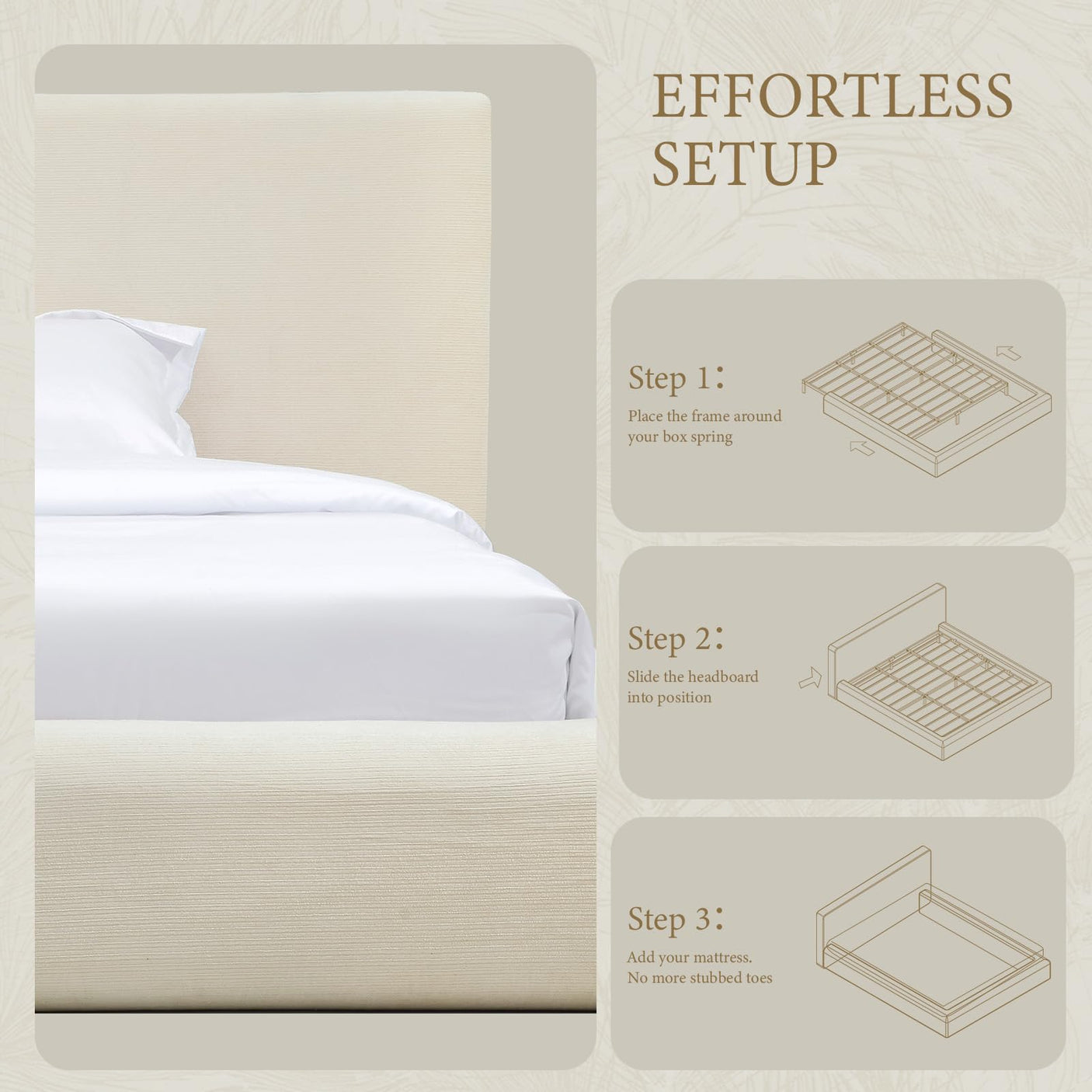 Yechen Cloud Bed Frame | Ribbed Chenille Upholstered Bed with 5.9" Padded Headboard | Queen & King