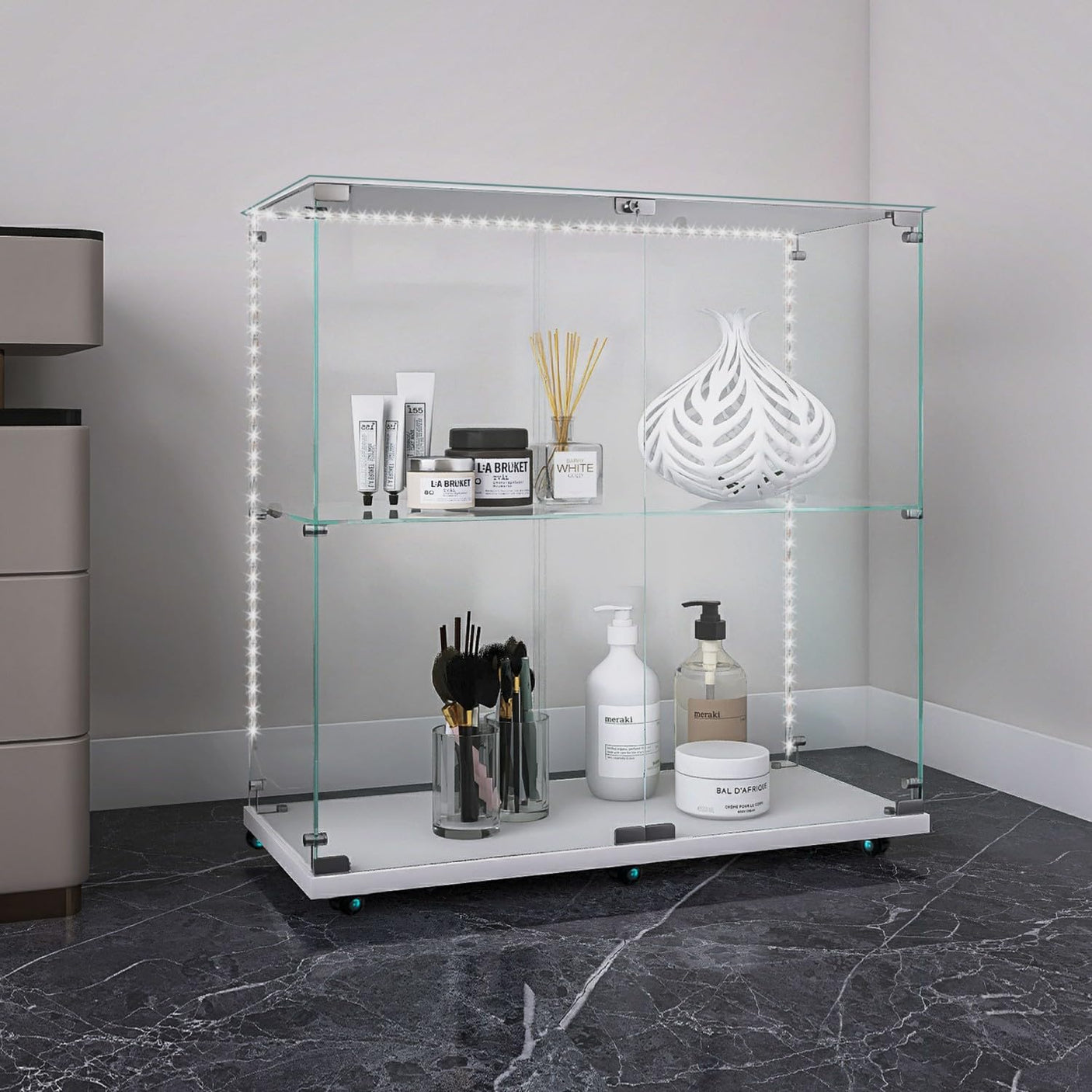 2-Tier Tempered Glass Display Cabinet with Bluetooth LED Light | Music Sync, Motion Sensor & Lockable Casters