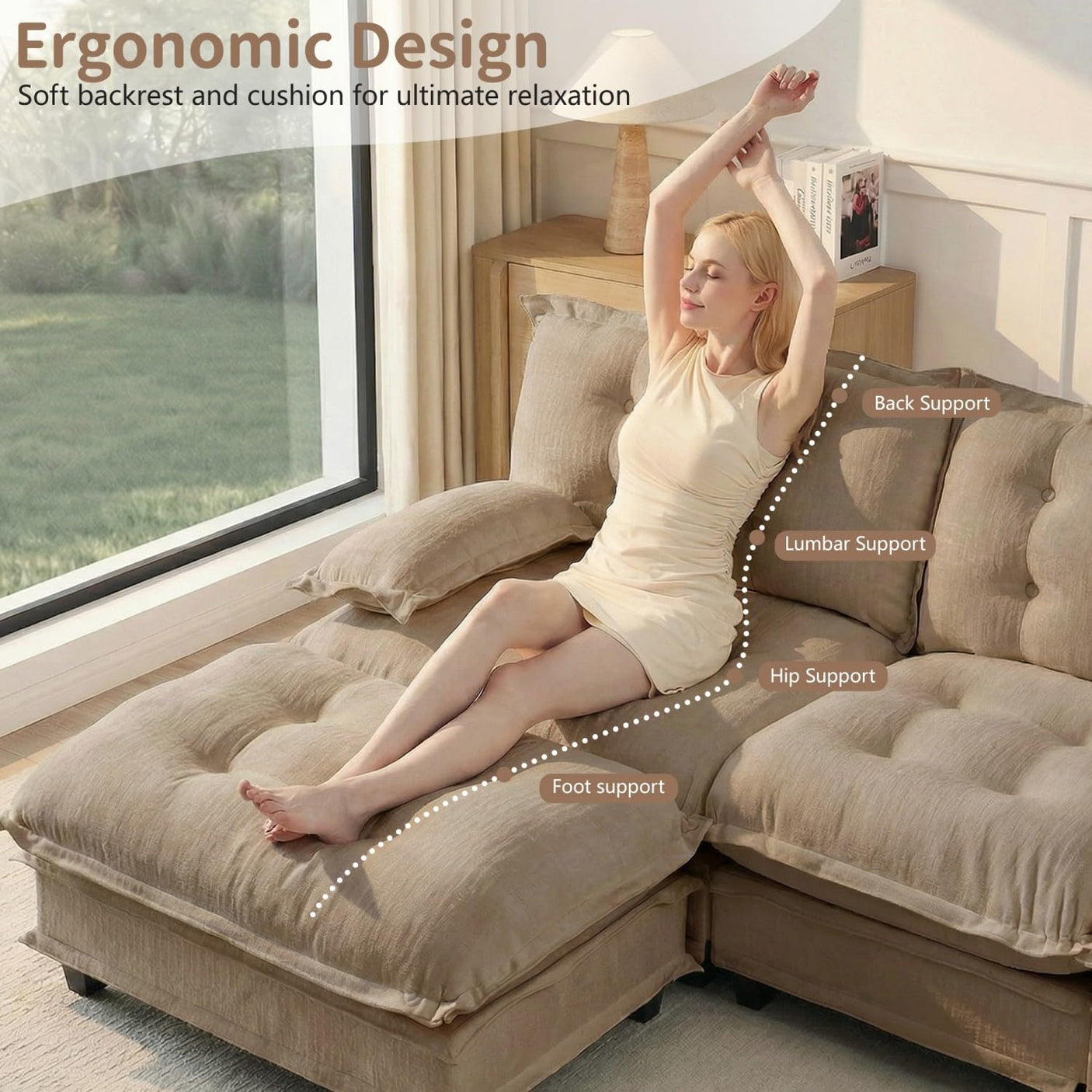 Modular Sectional Sofa with Cloud Cushions | Chenille Fabric | 2/3/4 Seater with Ottoman Options