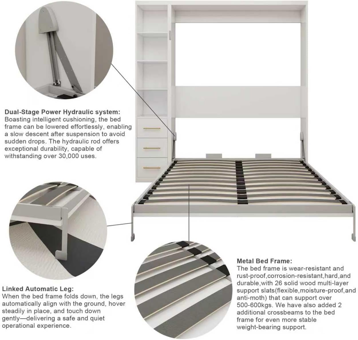 Queen Murphy Bed with Side Storage Cabinet & Bookshelf | Space-Saving Wall Bed | Yechen Home