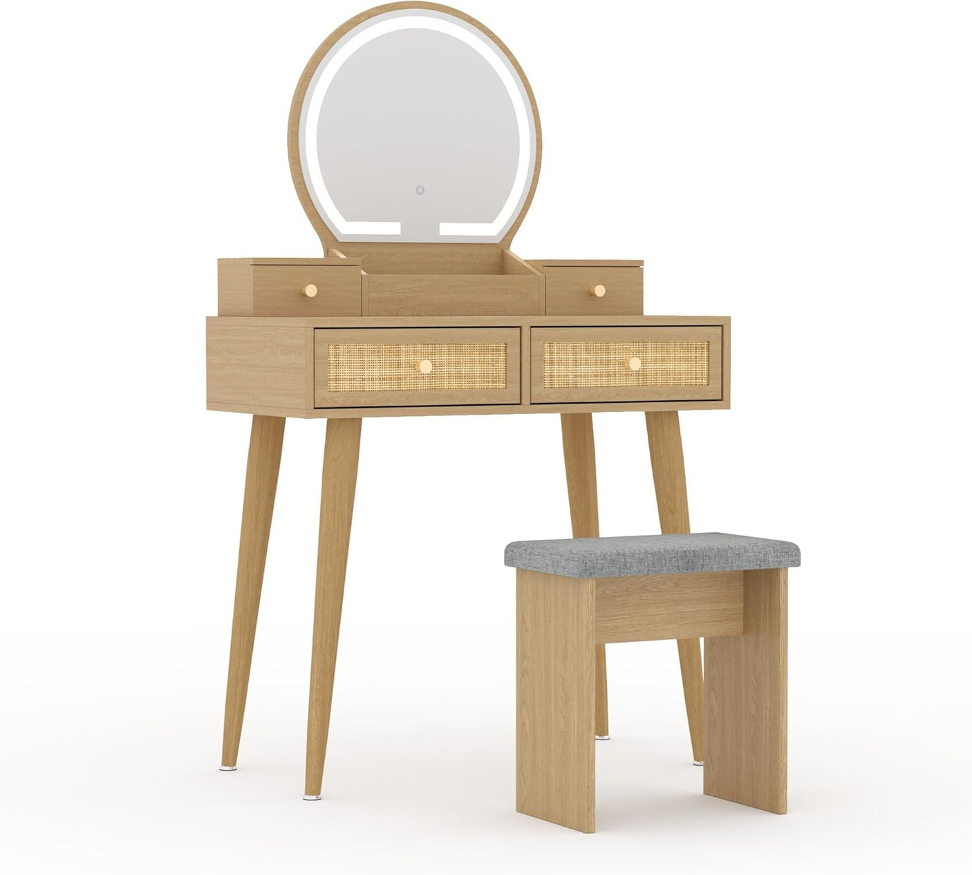 Yechen Boho Rattan Vanity Desk with Stool & LED Mirror | Compact Makeup Table for Small Spaces