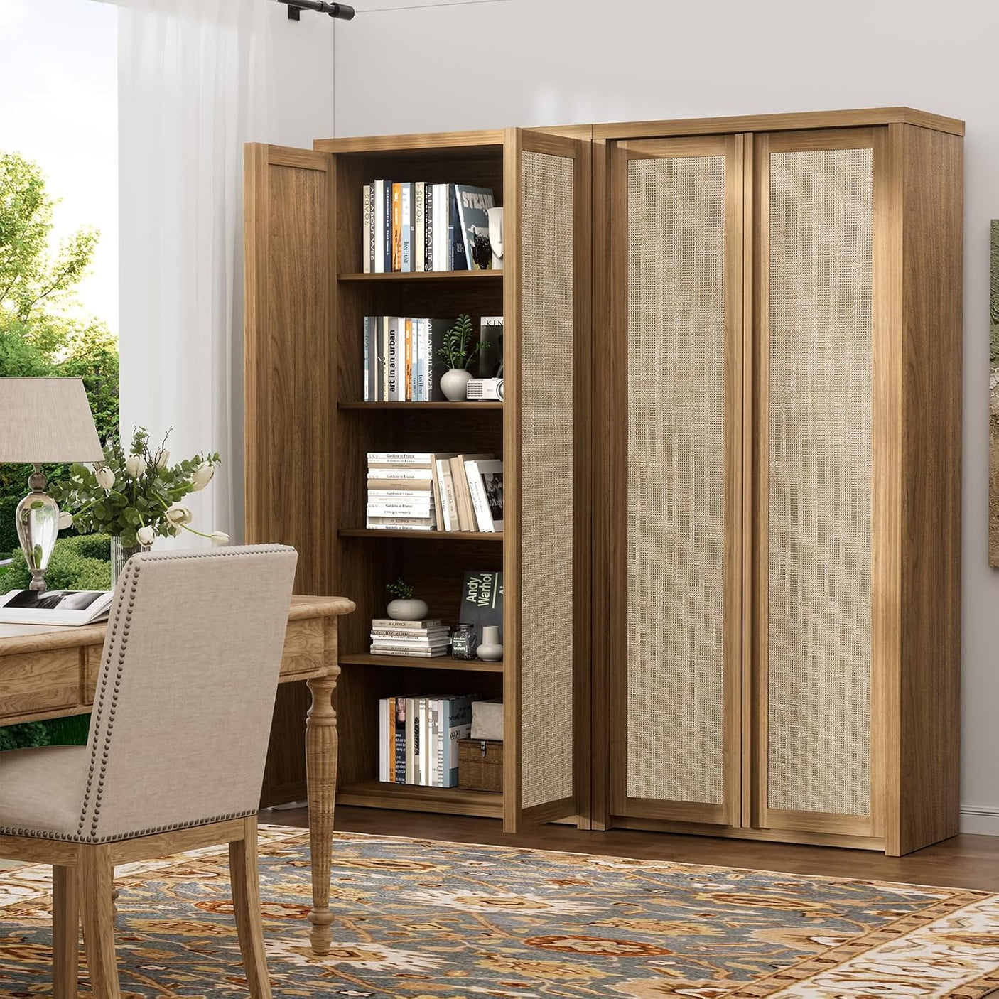 Yechen 67" Tall Rattan Pantry Cabinet with Adjustable Shelves, Dark Walnut/Natural Walnut