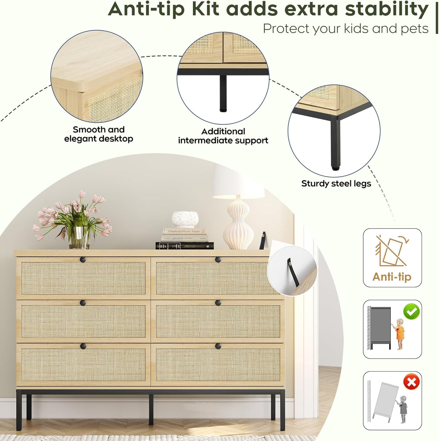 Modern 6 Drawer Dresser with Rattan Drawers