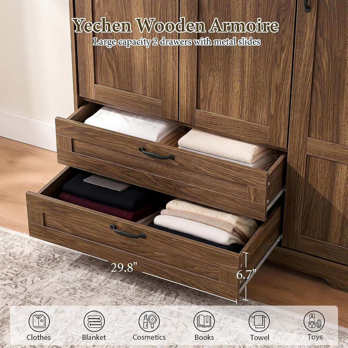 62" Walnut Armoire Wardrobe with Mirror, 3 Doors & 2 Drawers