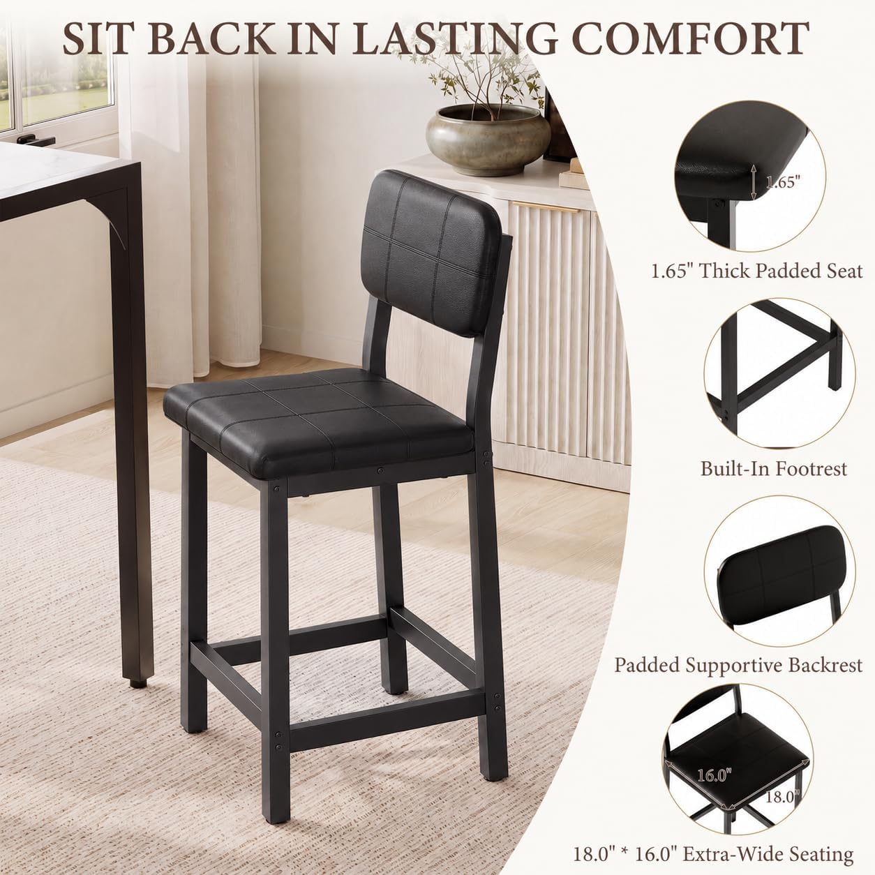 5-Piece Counter Height Dining Set | Marble-Look Top, Padded Chairs, Black