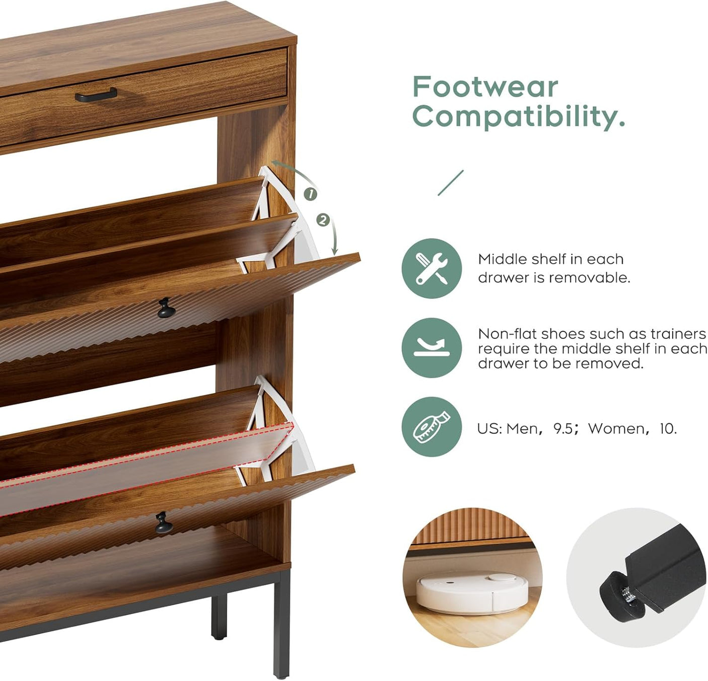 Yechen Shoe Cabinet with Flip Doors, 2 Flip Drawers + Top Drawer, Slim Entryway Organizer for Hallway & Living Room, Walnut