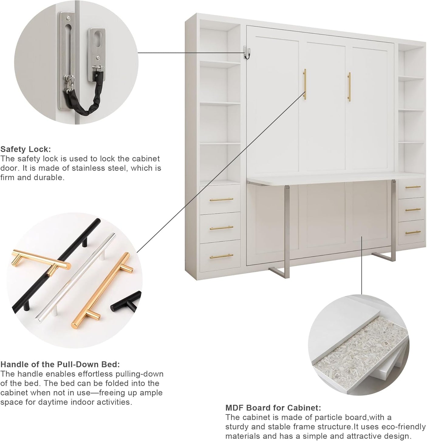 Queen Size Murphy Bed with Bilateral Cabinets & Storage Drawers | Space-Saving Wall Bed | Yechen Home