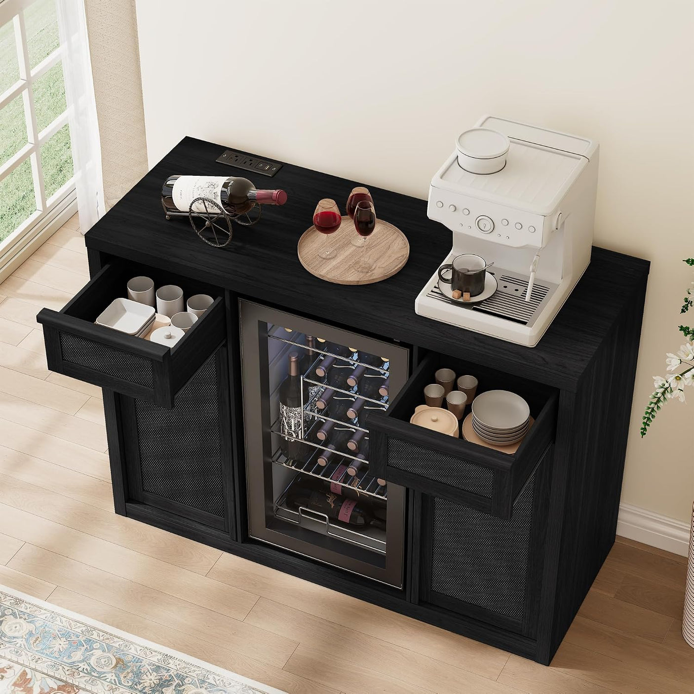 Rattan Coffee Bar Cabinet with Mini Fridge Space - Boho Sideboard with Wine Storage