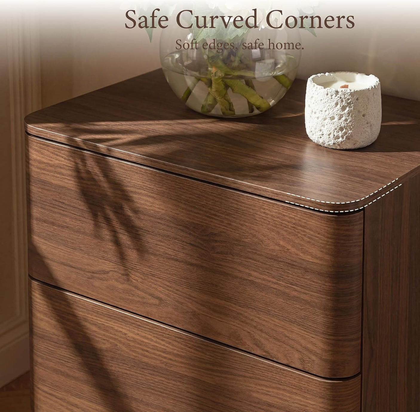 Curved Nightstand with Hidden Drawer | Mid-Century Modern Bedside Table | Walnut
