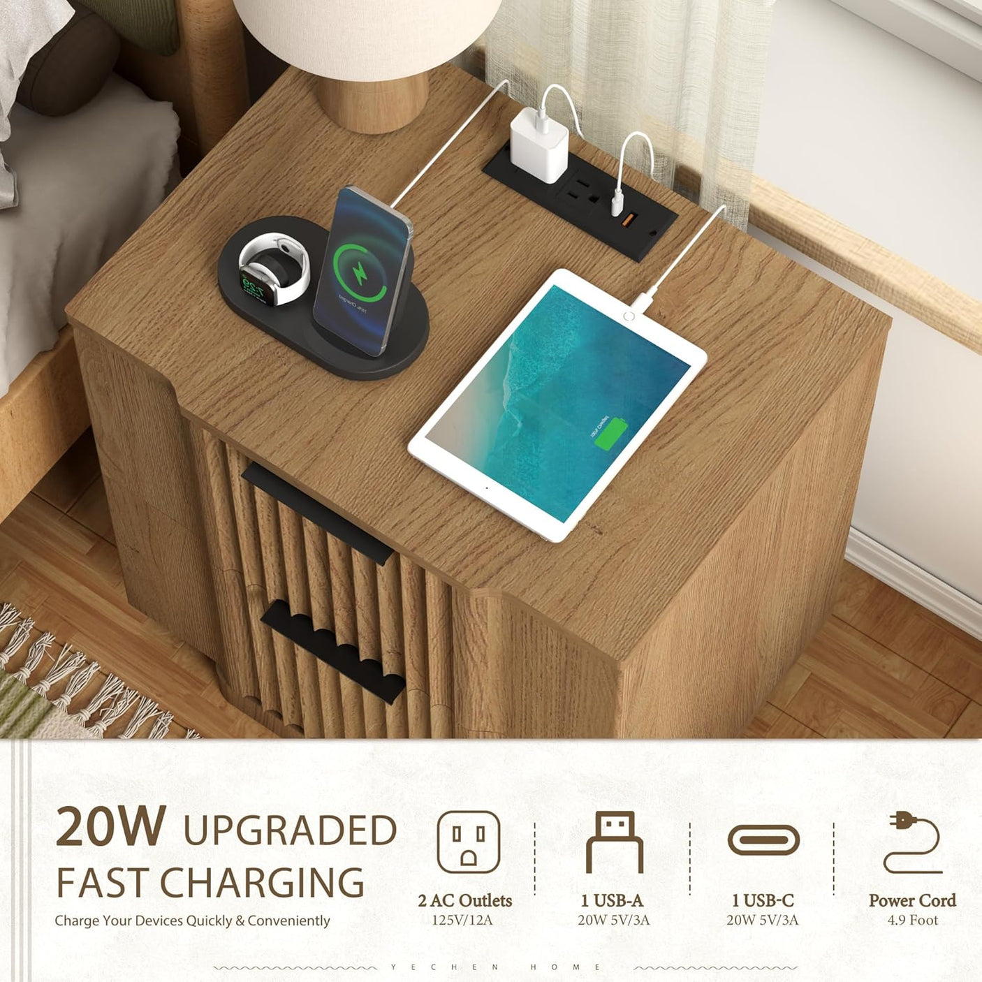 Fluted Nightstand with Charging Station