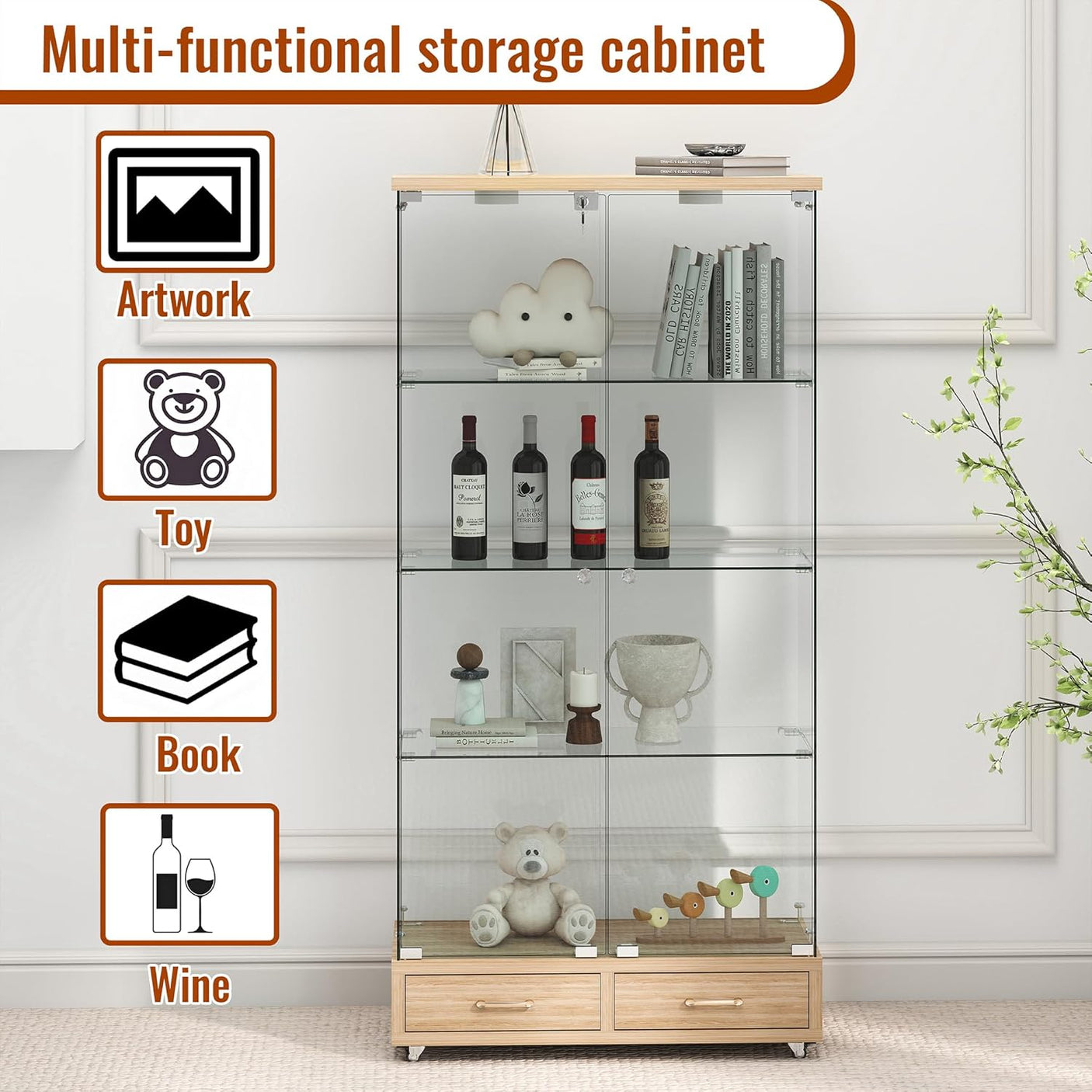 YECHEN Glass Display Cabinet with LED Lights | Double-Door Curio Cabinet with 2 Drawers