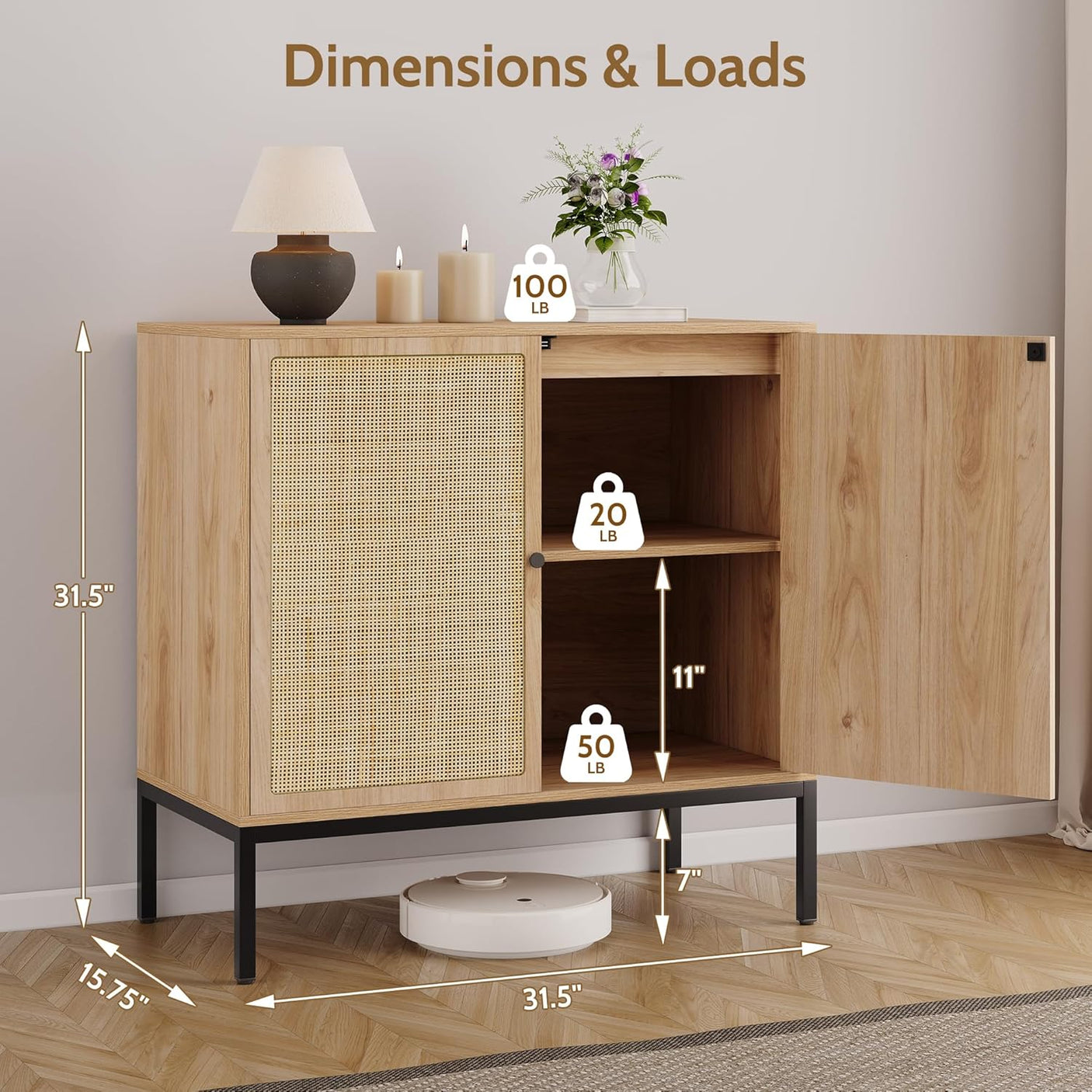 Sideboard Cabinet with Natural Rattan Decorated Doors