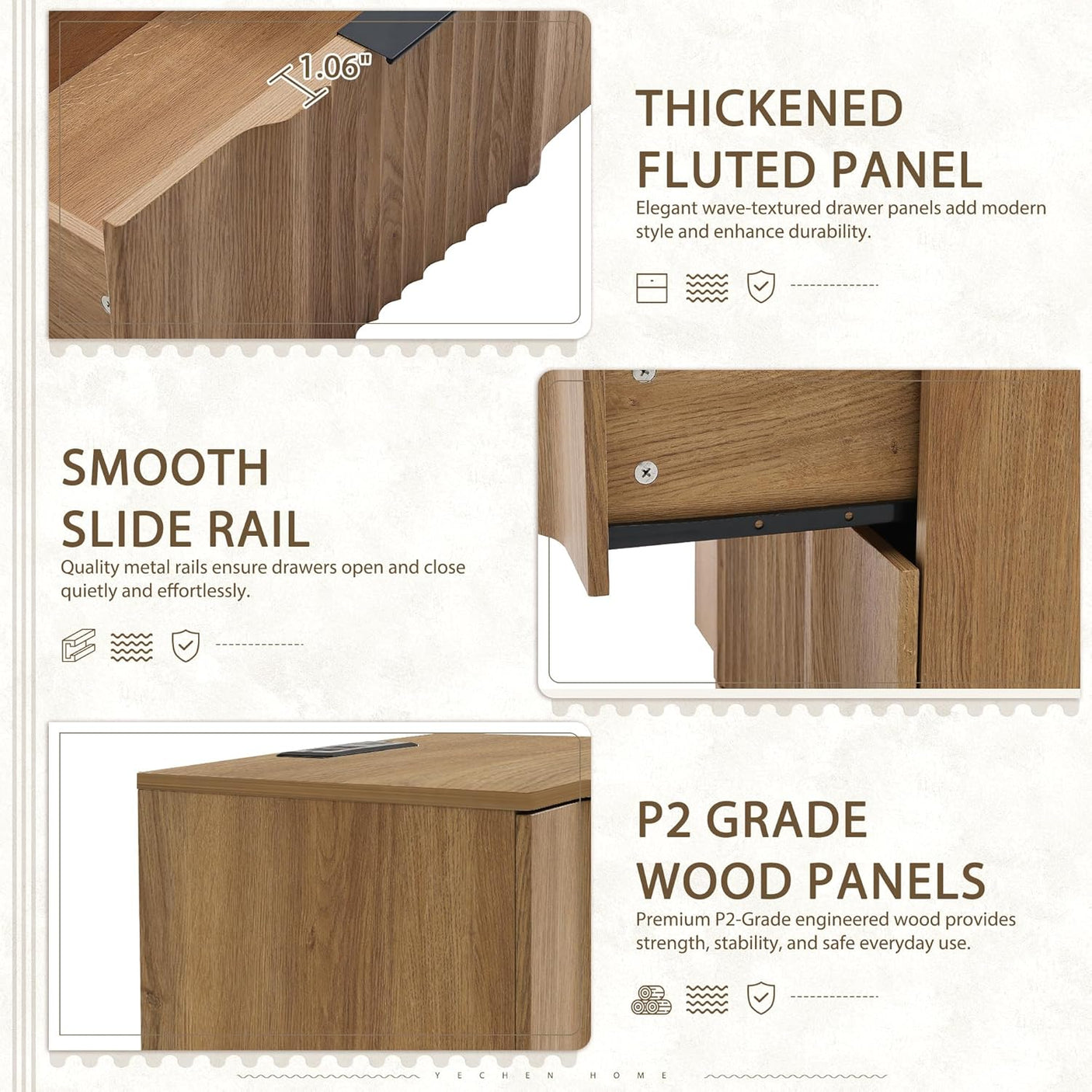 Fluted Nightstand with Charging Station