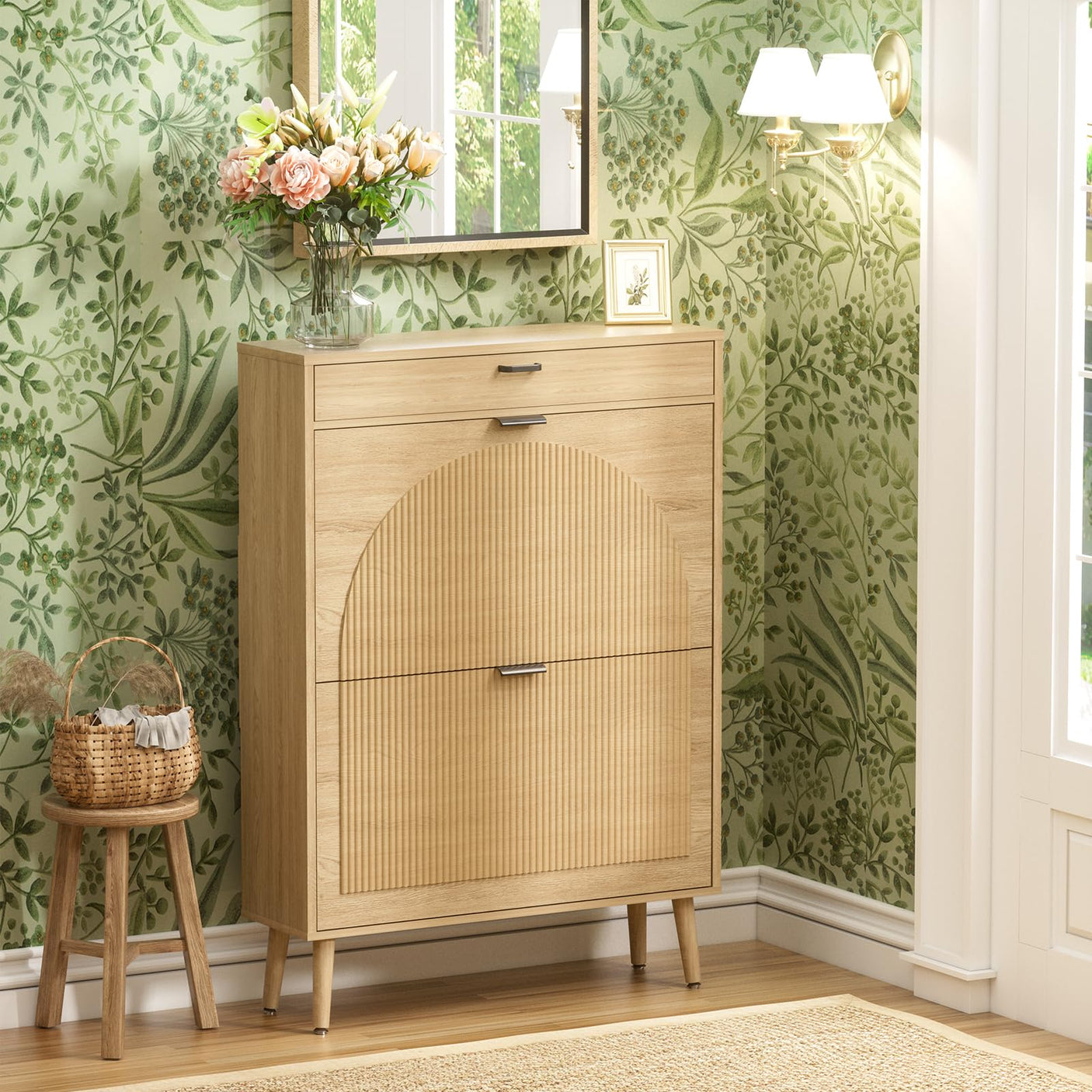 Slim Fluted Shoe Cabinet with Flip Drawers | Entryway Shoe Organizer | Walnut & Natural Oak