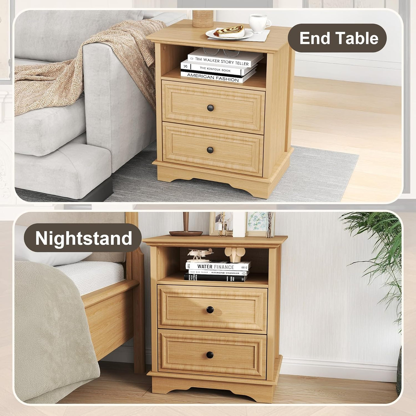 Farmhouse Mid Century Modern Nightstand, 2-Drawer 25" Tall Wood