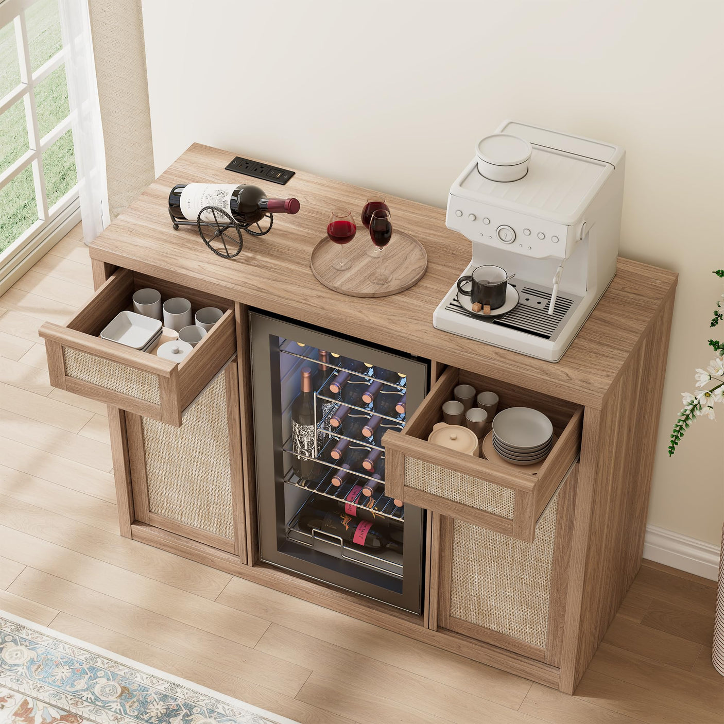 Rattan Coffee Bar Cabinet with Mini Fridge Space - Boho Sideboard with Wine Storage
