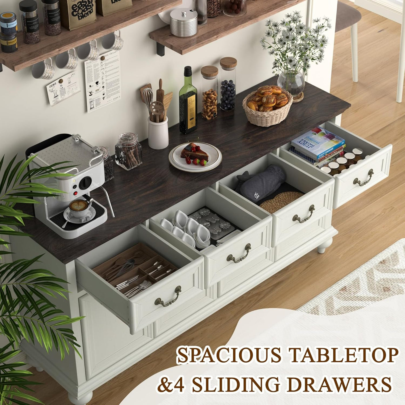 62" Large Farmhouse Buffet Cabinet with 4 Drawers & 4 Doors