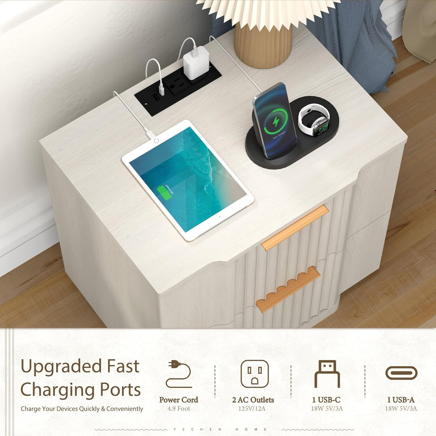 Fluted Nightstand with Charging Station
