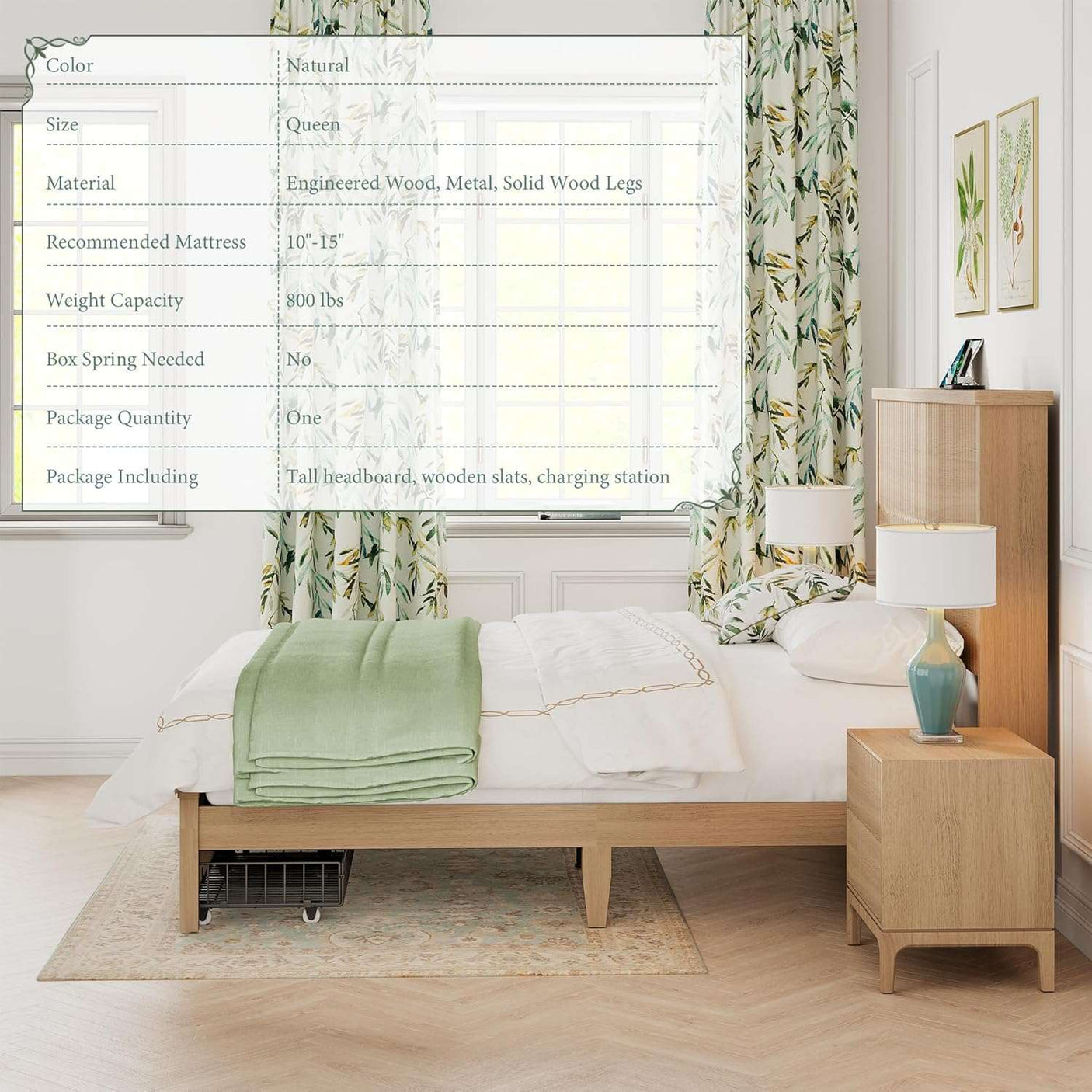 Retro Fluted Queen Bed Frame with 55" Tall Headboard and Storage Drawers