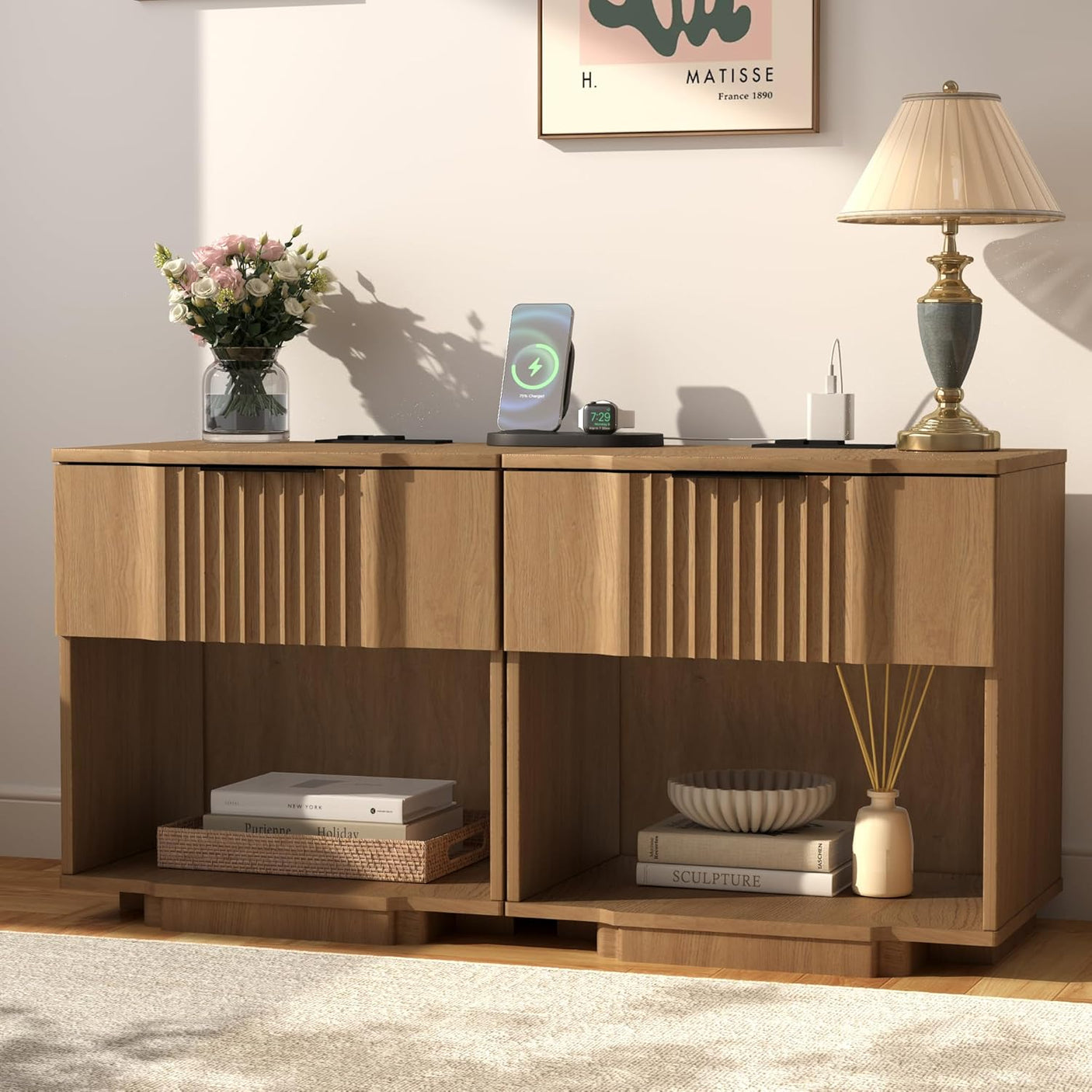 Fluted Night Stand with 20W Fast Charging Station