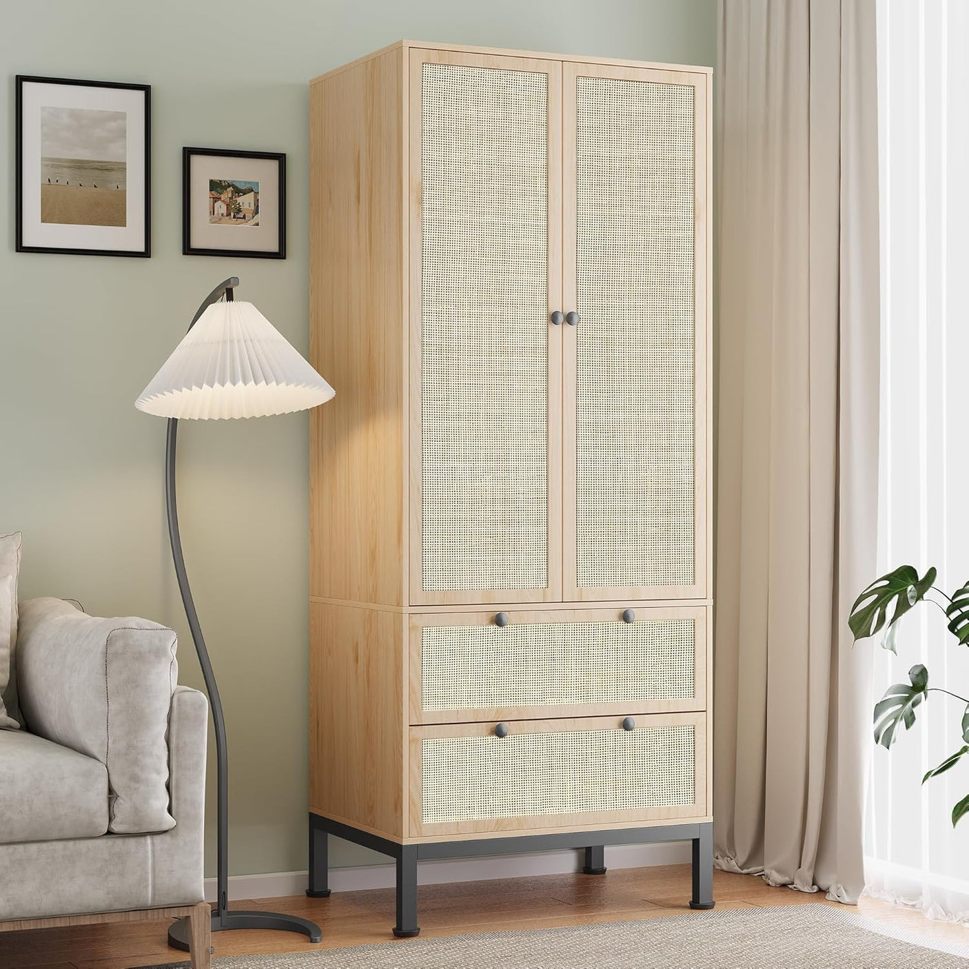 74" Natural Rattan Woven Wardrobe Armoire Closet