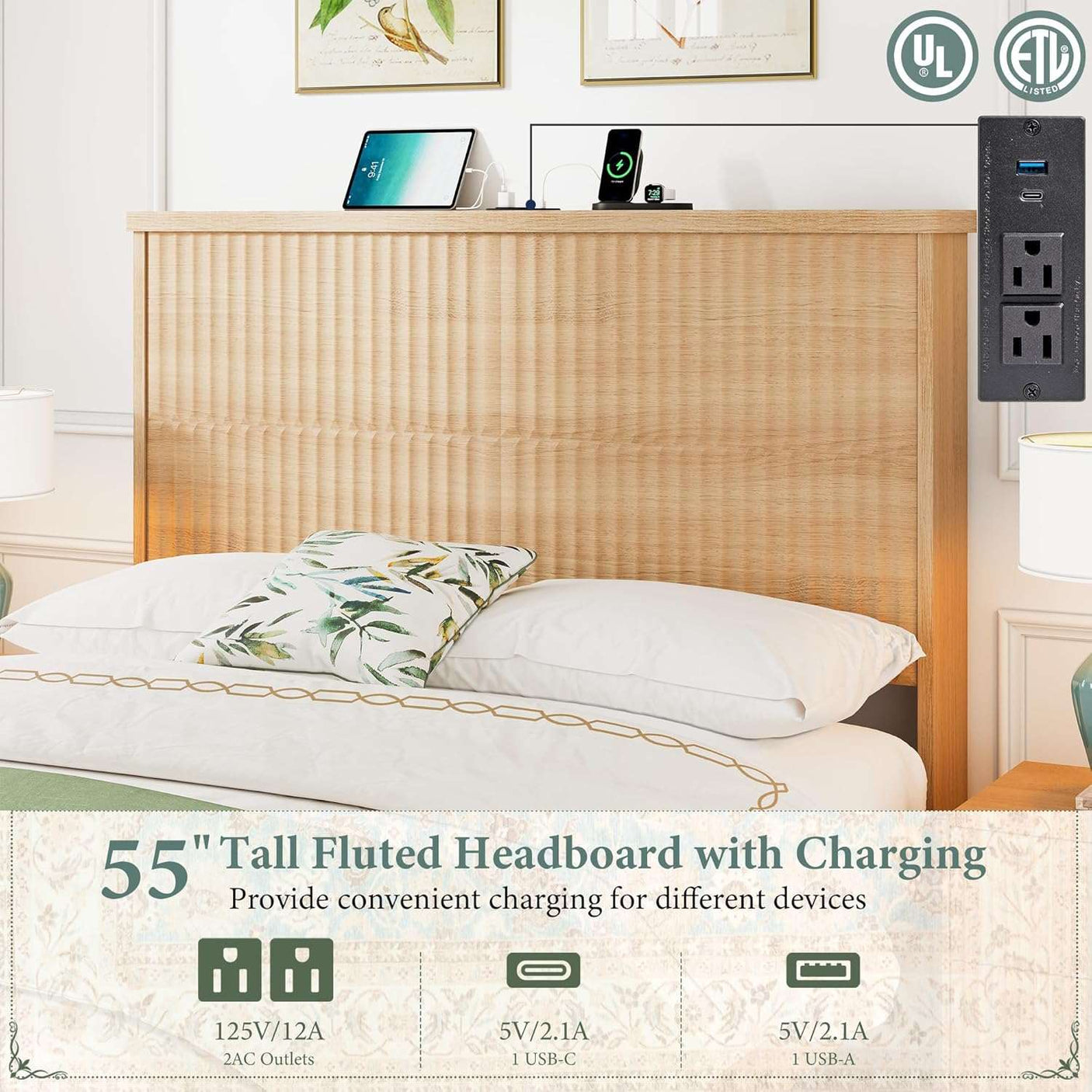 Retro Fluted Queen Bed Frame with 55" Tall Headboard and Storage Drawers