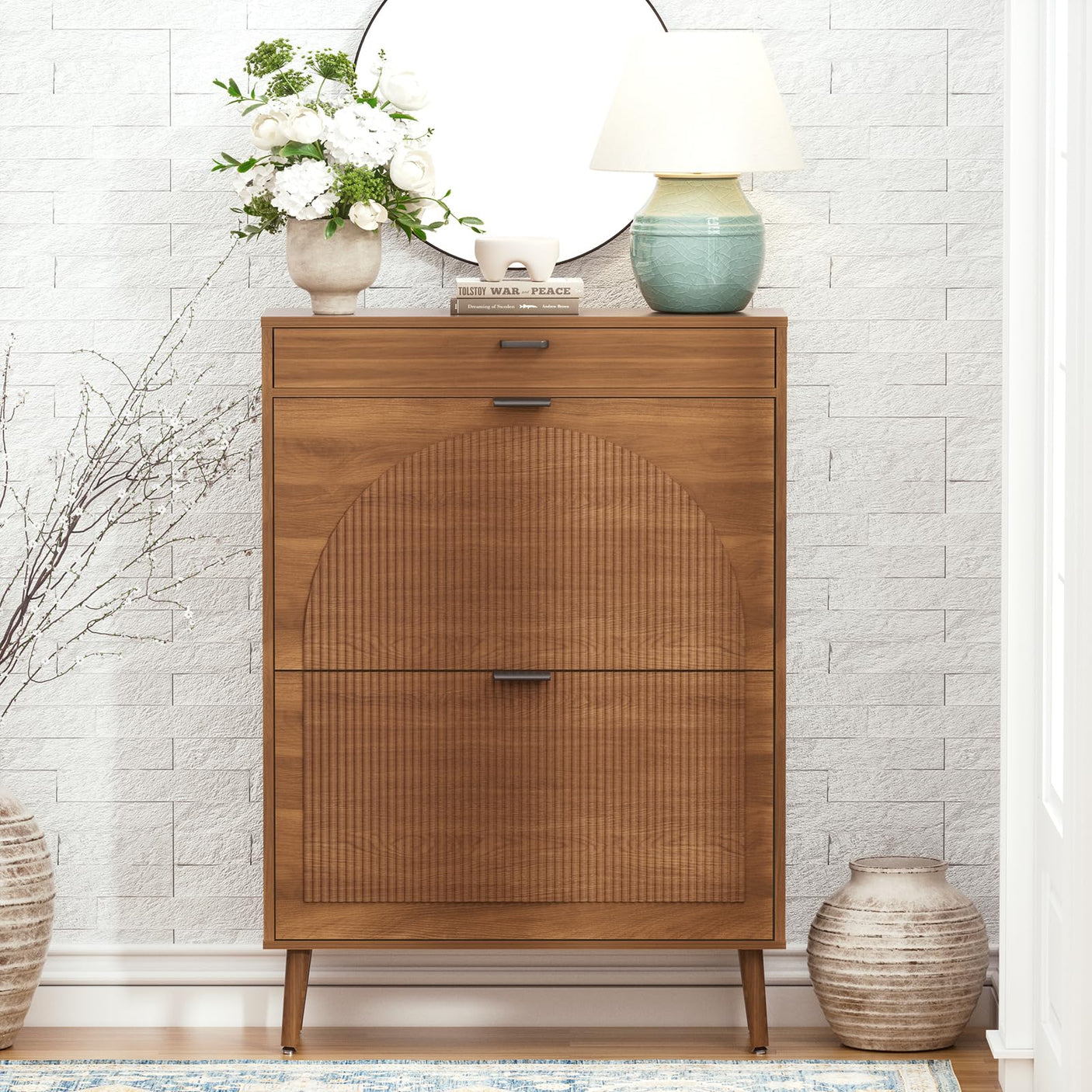 Slim Fluted Shoe Cabinet with Flip Drawers | Entryway Shoe Organizer | Walnut & Natural Oak