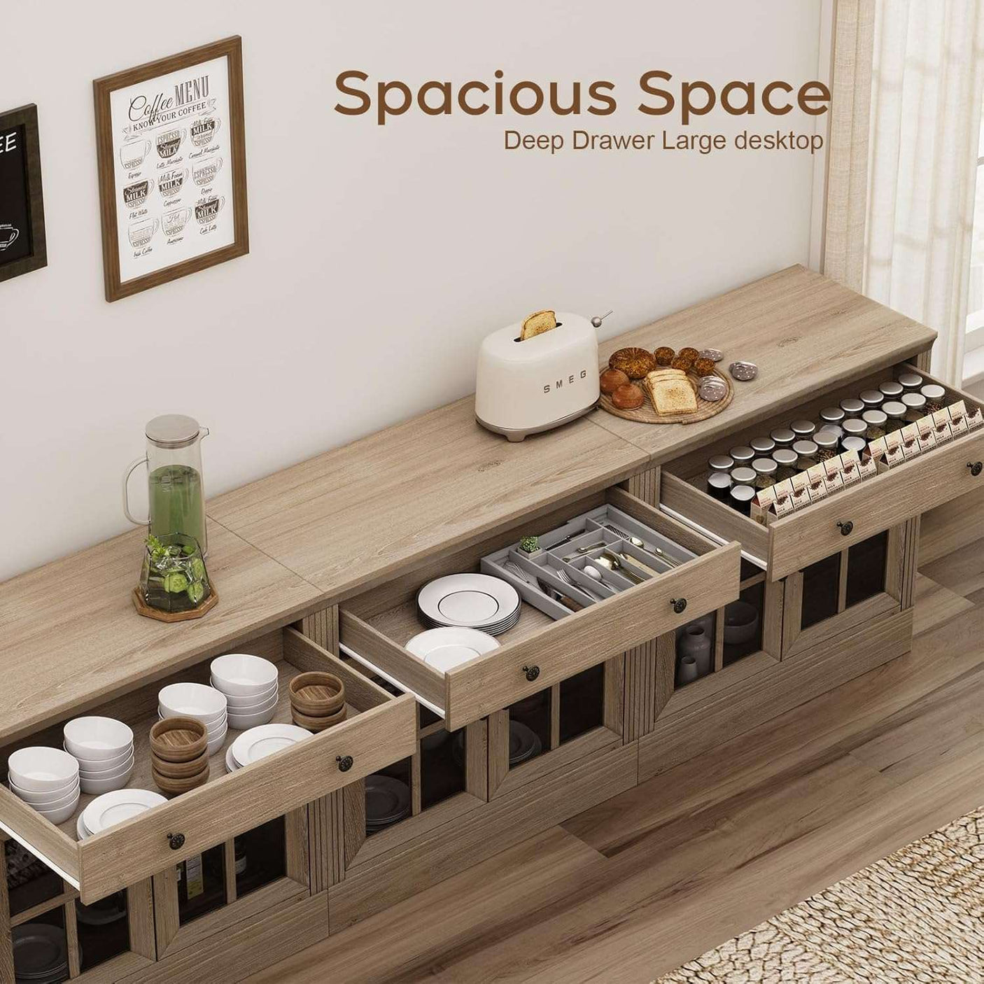 31.5” W Farmhouse Sideboard Cabinet with Drawer & Glass Doors