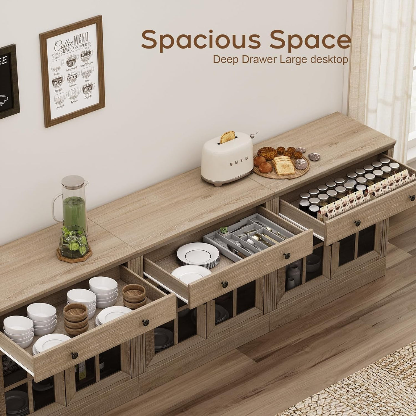 31.5” W Farmhouse Sideboard Cabinet with Drawer & Glass Doors