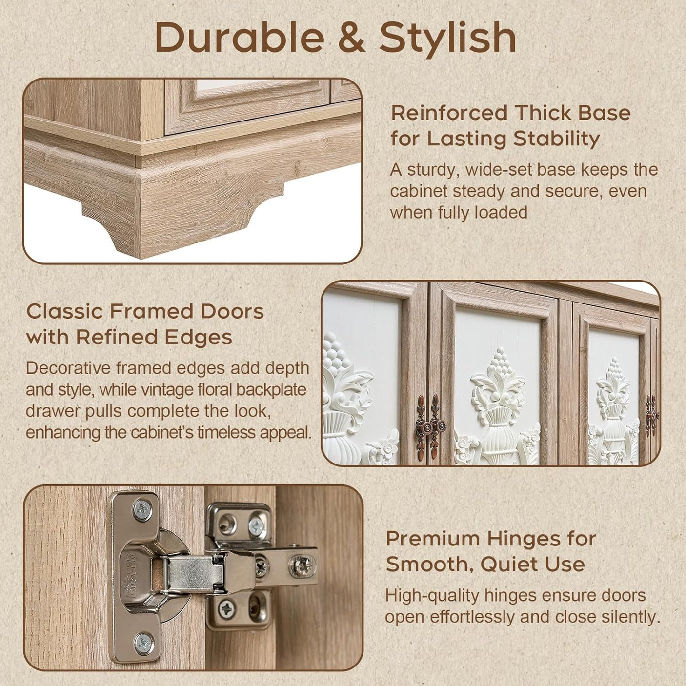 63" Farmhouse Accent Sideboard Buffet Cabinet with Painted 3D Decorative Doors