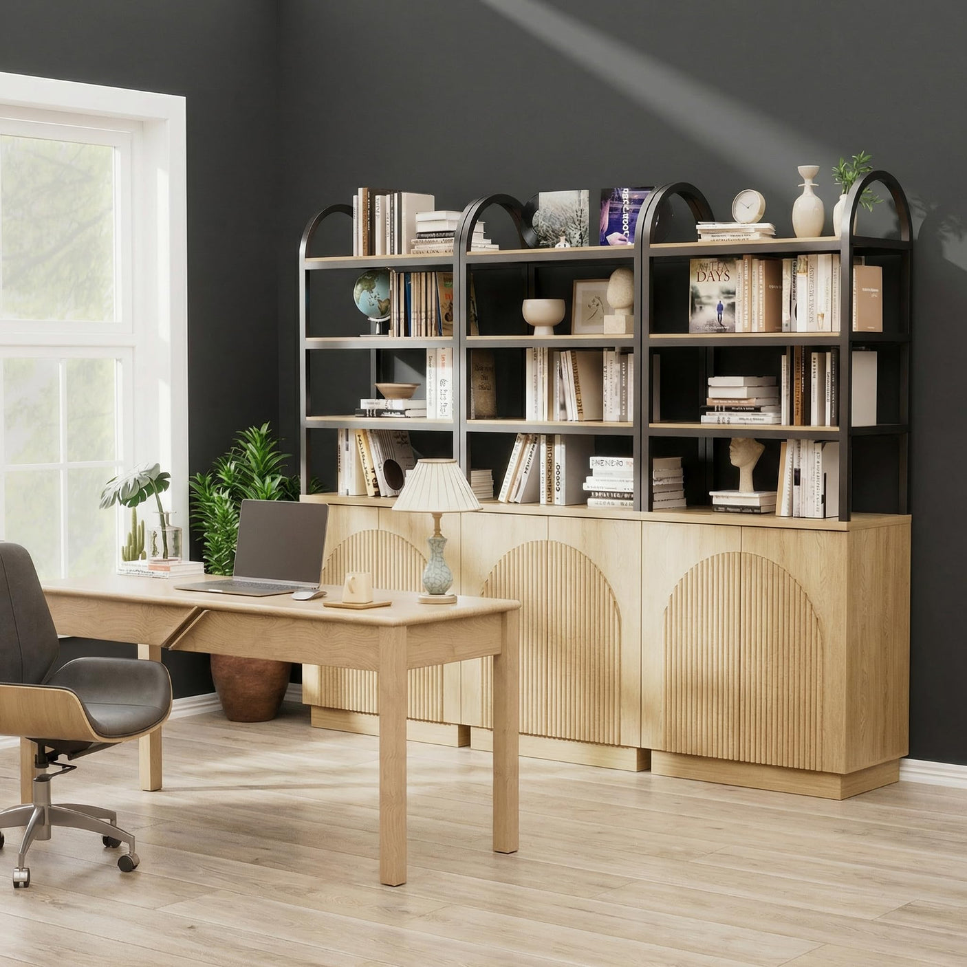 YECHEN Modern 71" Arched Bookcase with Reeded Design Doors | 7-Tier Tall Bookshelf with Storage Cabinet & Adjustable Shelves