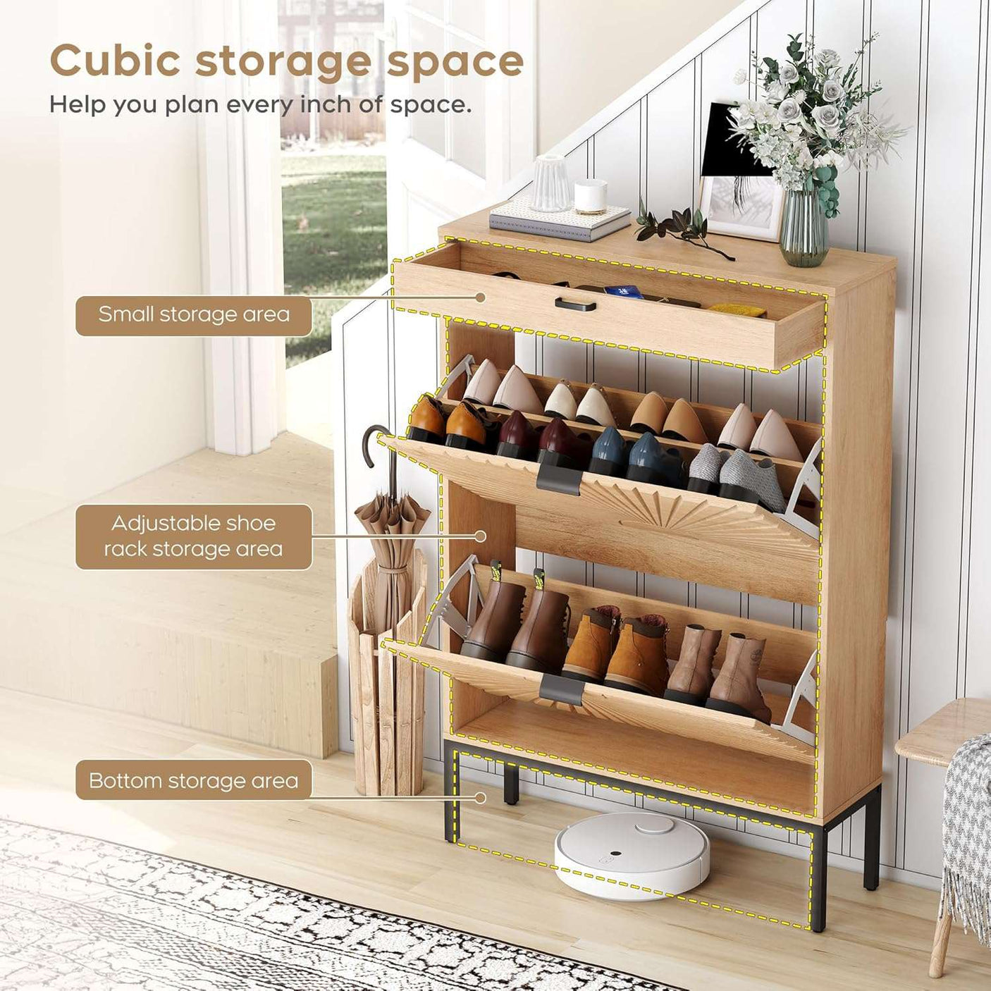 Slim Entryway Shoe Organizer with Half-Circle Doors