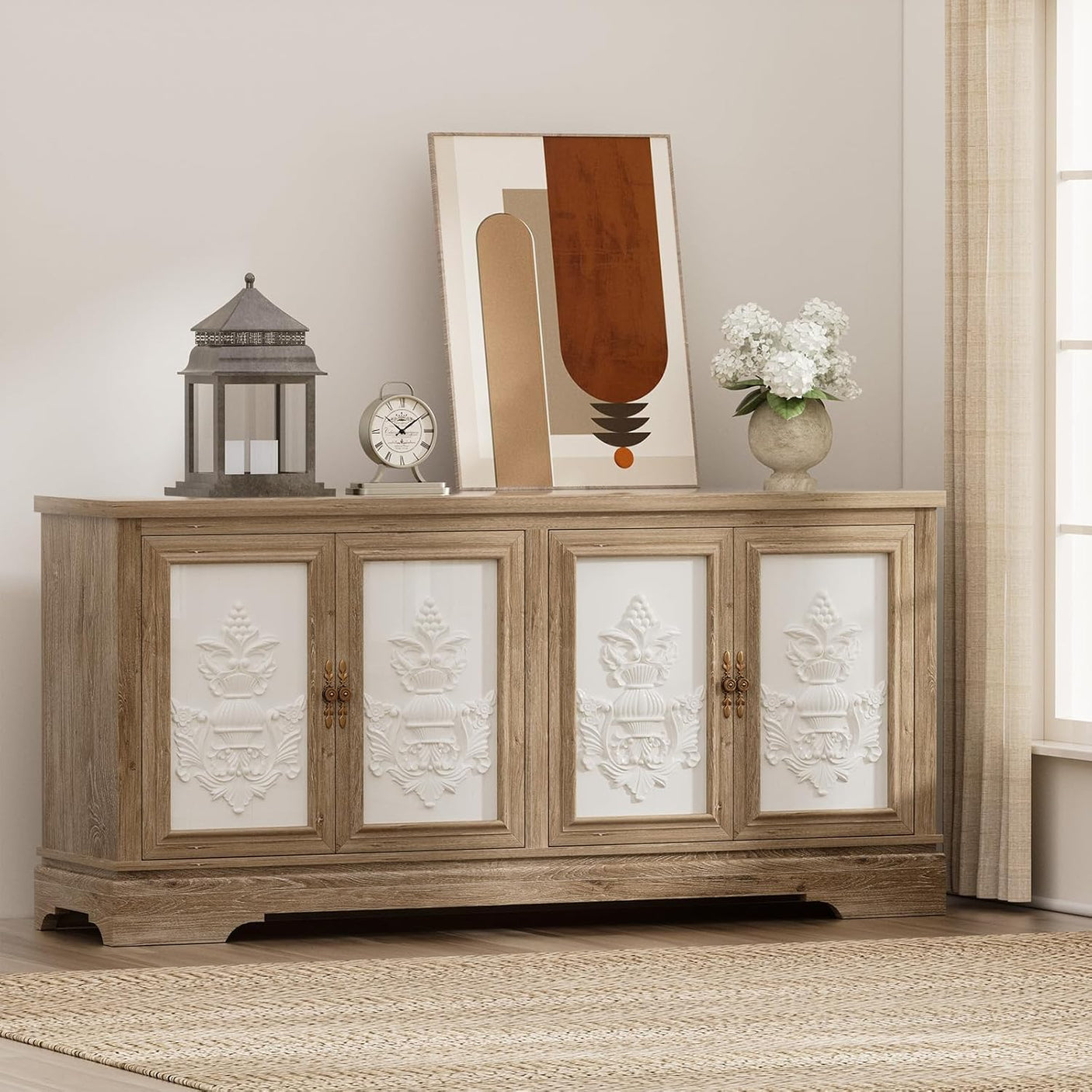 63" Farmhouse Accent Sideboard Buffet Cabinet with Painted 3D Decorative Doors