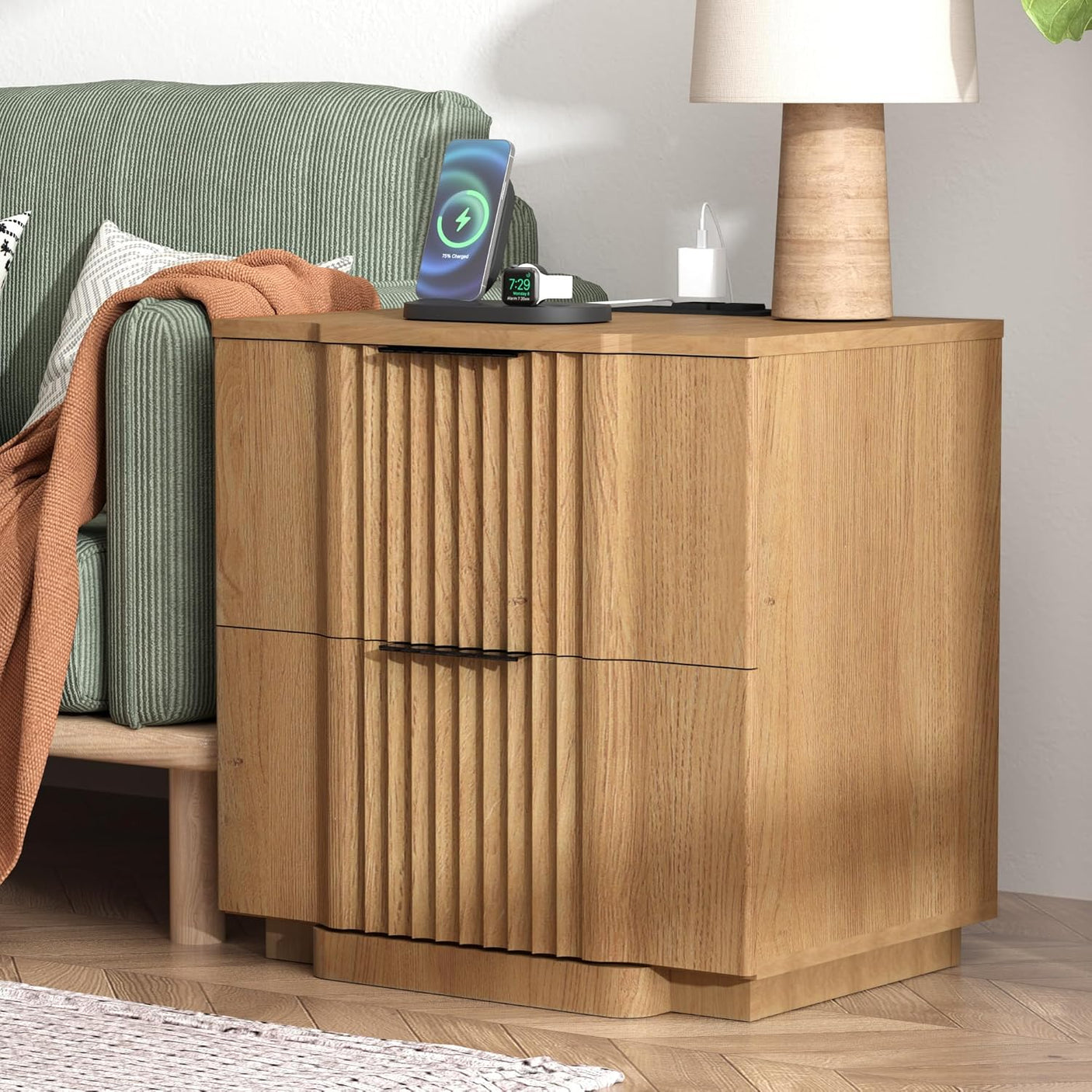 Fluted Nightstand with Charging Station