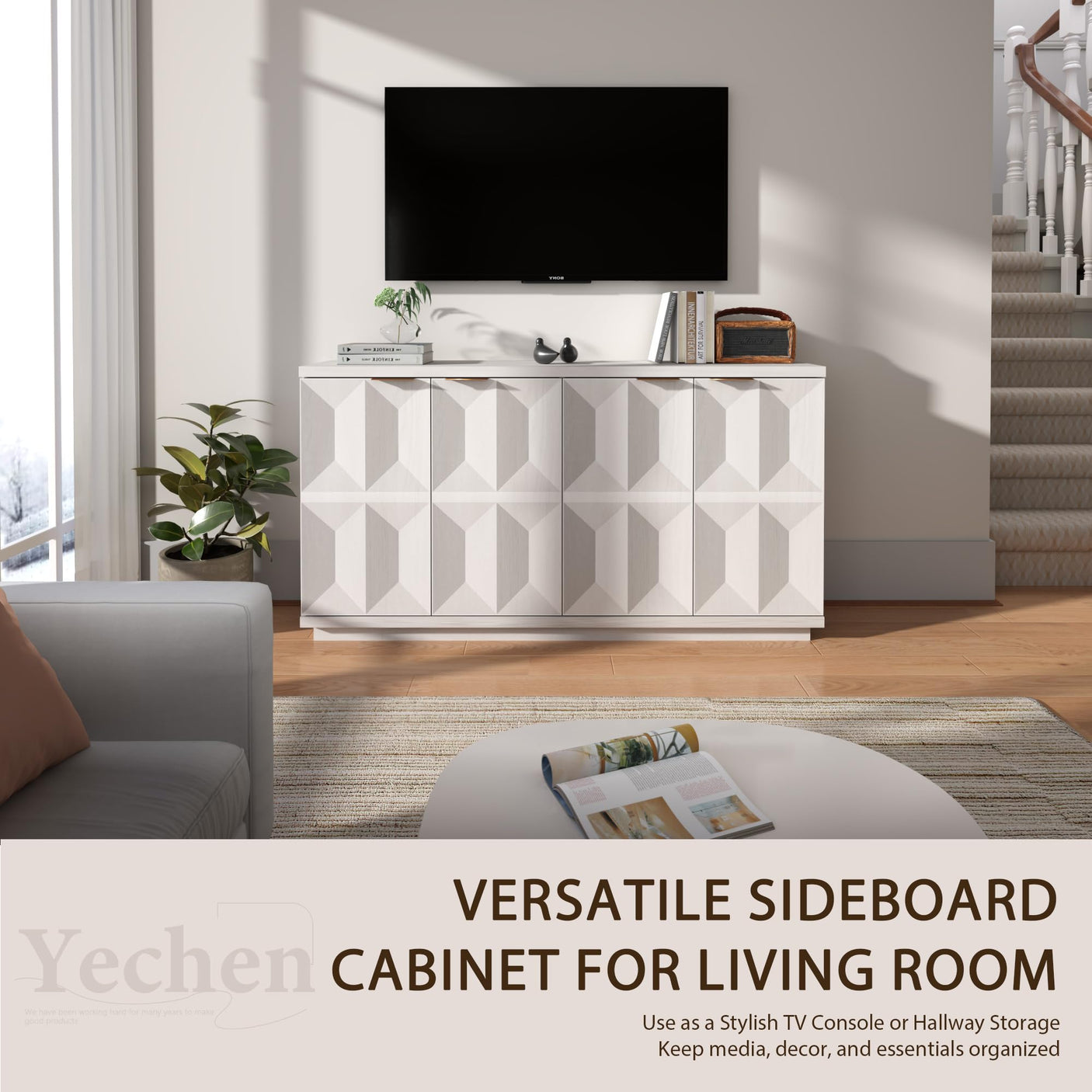 Yechen 59" Walnut Sideboard – Modern 3D Geometric Buffet Cabinet